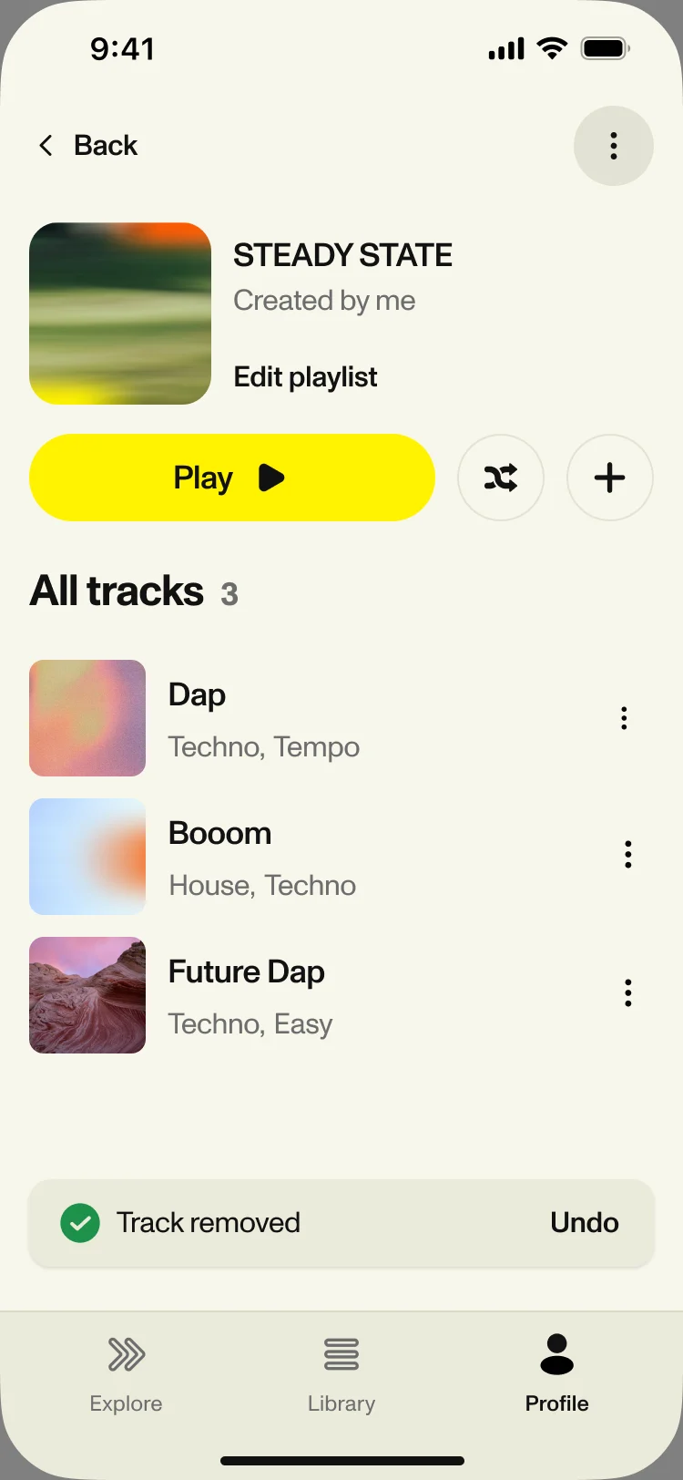 The playlist Steady State with three tracks and the toast Track removed, with Undo