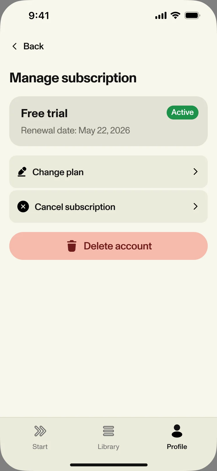 Manage subscription: the free trial marked active with its renewal date, Change plan, Cancel subscription and Delete account