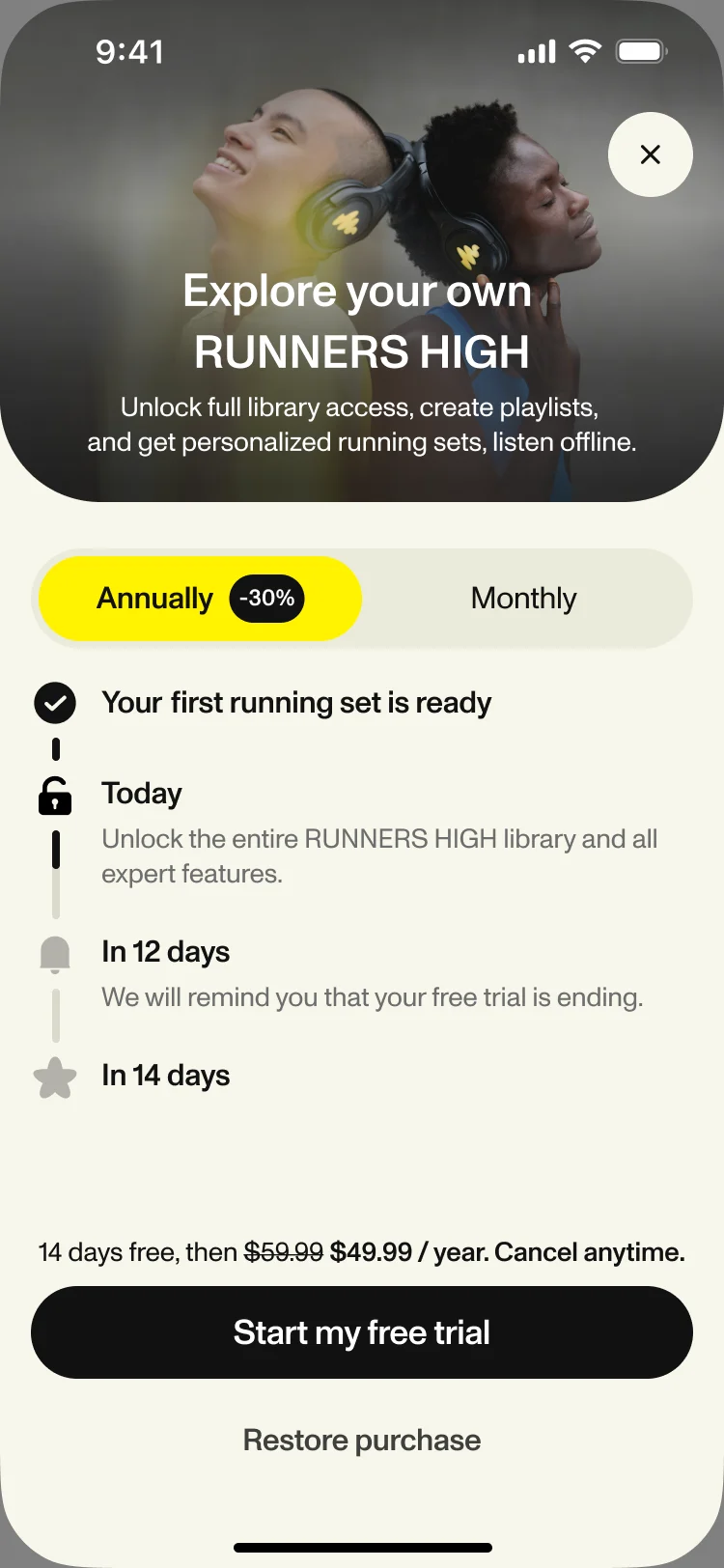 Paywall: Explore your own RUNNERS HIGH, Annually selected with 30% off, a trial timeline and Start my free trial