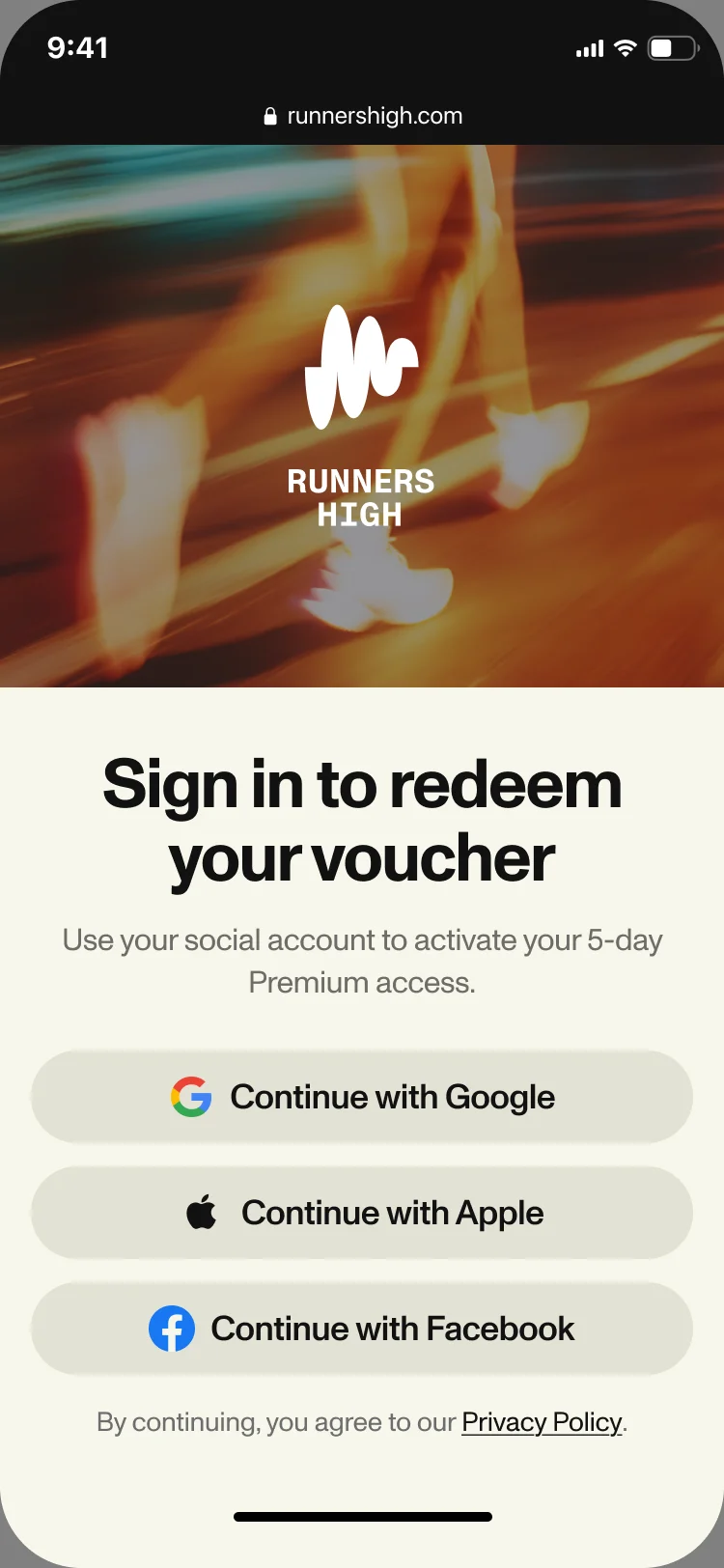 Sign in to redeem your voucher, with Google, Apple or Facebook
