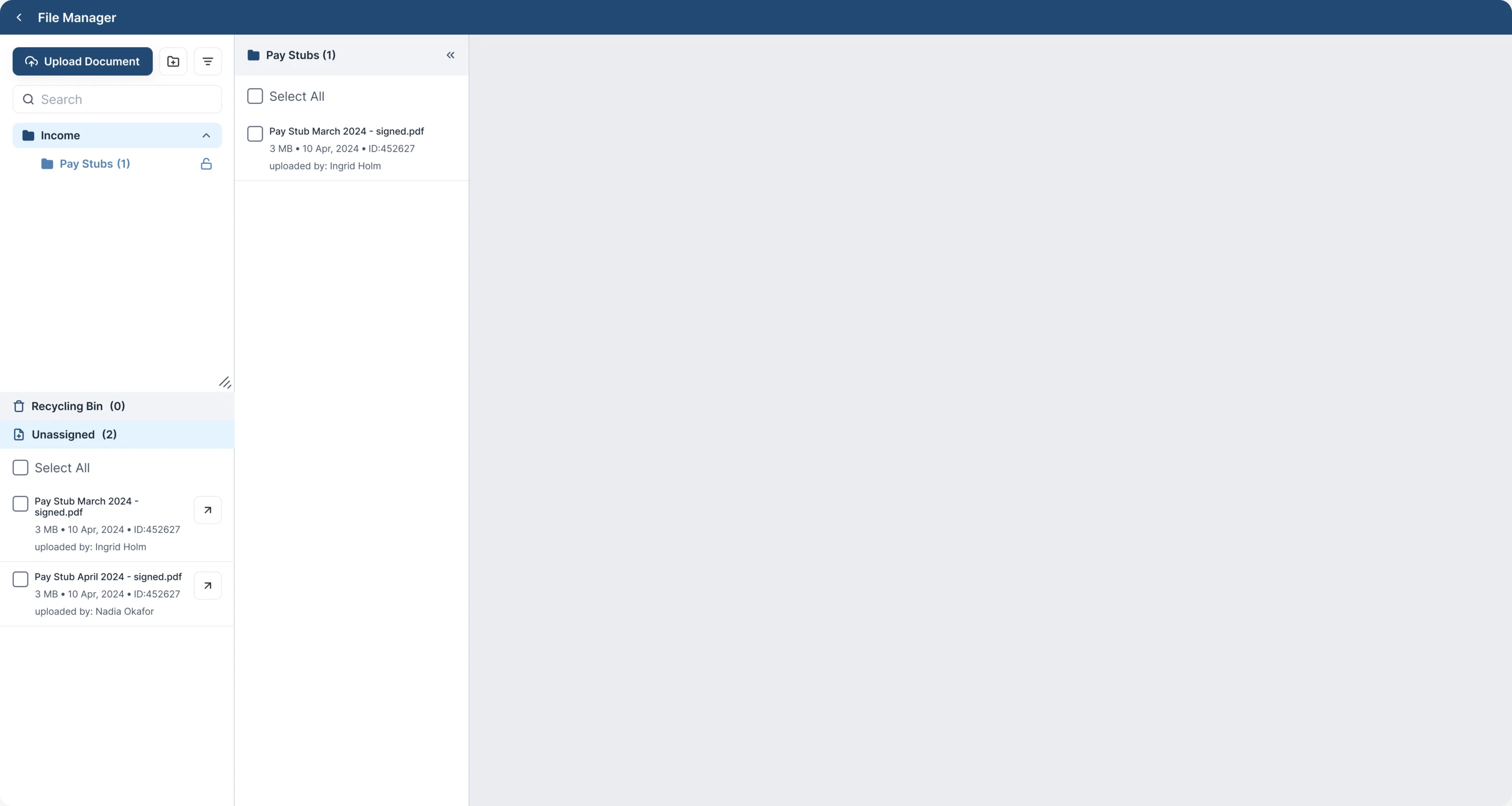 Sail file manager with an Income folder holding Pay Stubs, a file list with size, date, ID and uploader, and an Unassigned list with two files