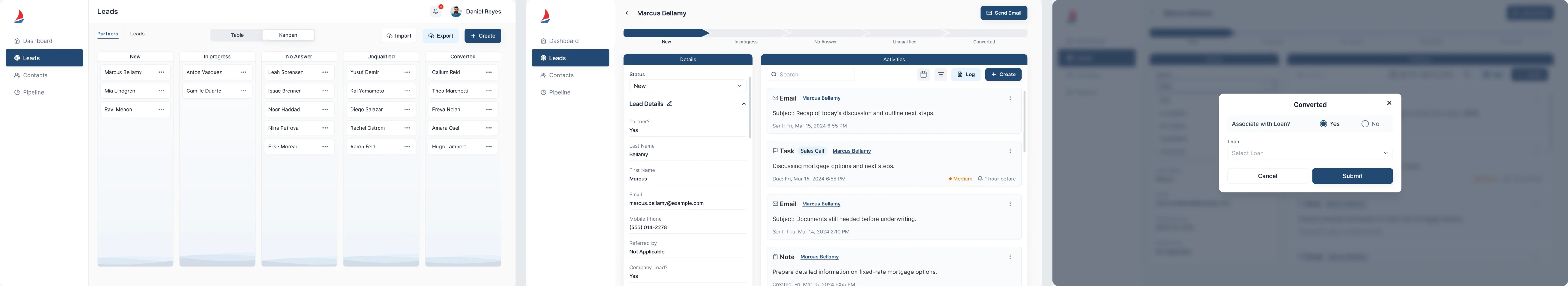 Three Sail screens: the leads kanban with columns from New to Converted, a lead’s details next to its status bar and activities, and a Converted dialog asking whether to associate the lead with a loan