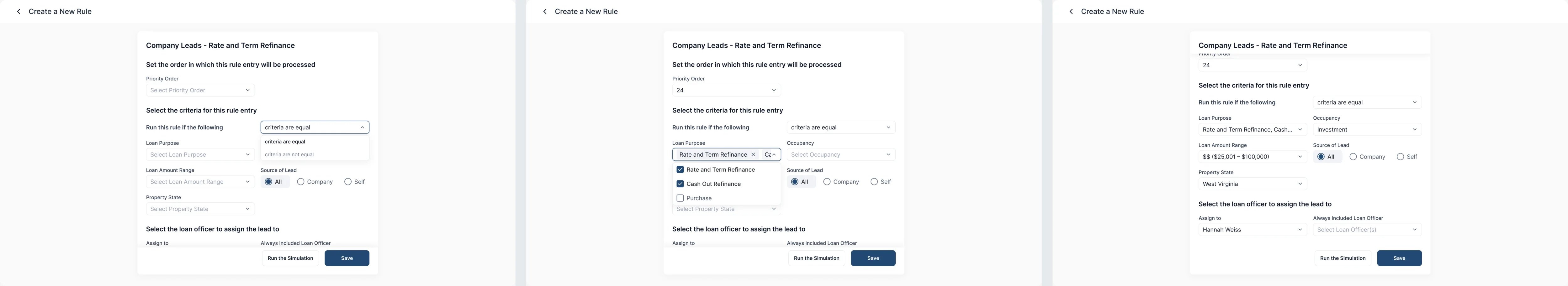 Three Create a New Rule screens: choosing whether criteria are equal, ticking loan purposes in a list, and the finished rule with a loan officer assigned