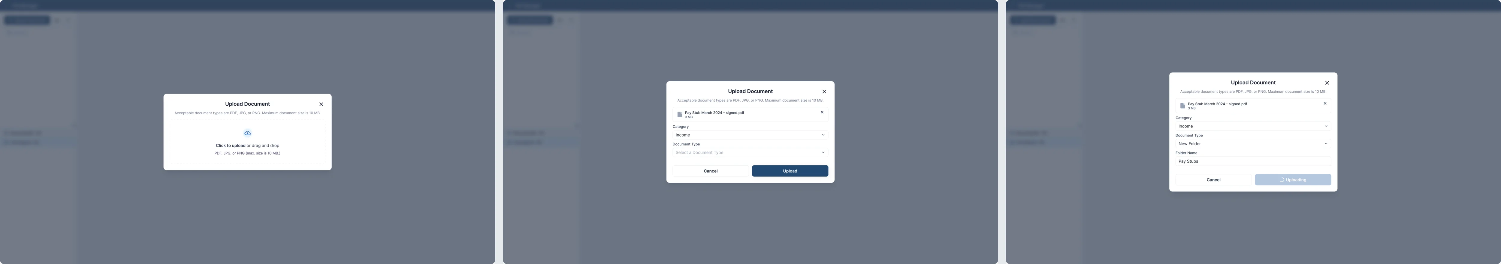 Three Upload Document dialogs over the file manager: click to upload, a file with category Income and a document type, and a new folder named Pay Stubs while the upload runs