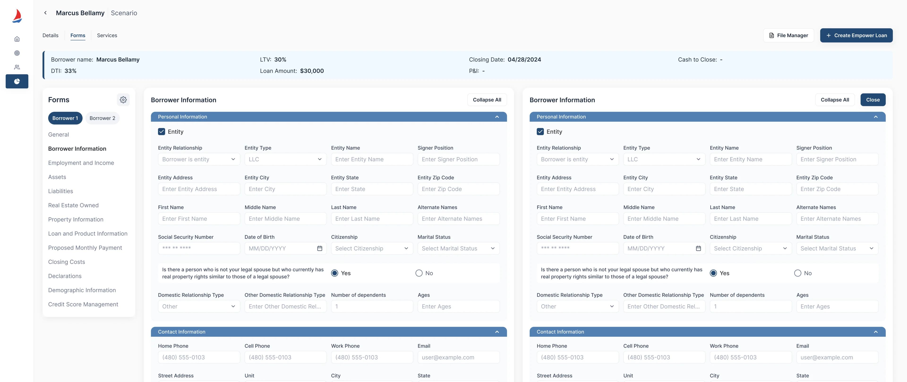 Two Borrower Information forms next to each other, each with personal information fields, and a Forms list of sections on the left with Borrower 1 and Borrower 2 tabs