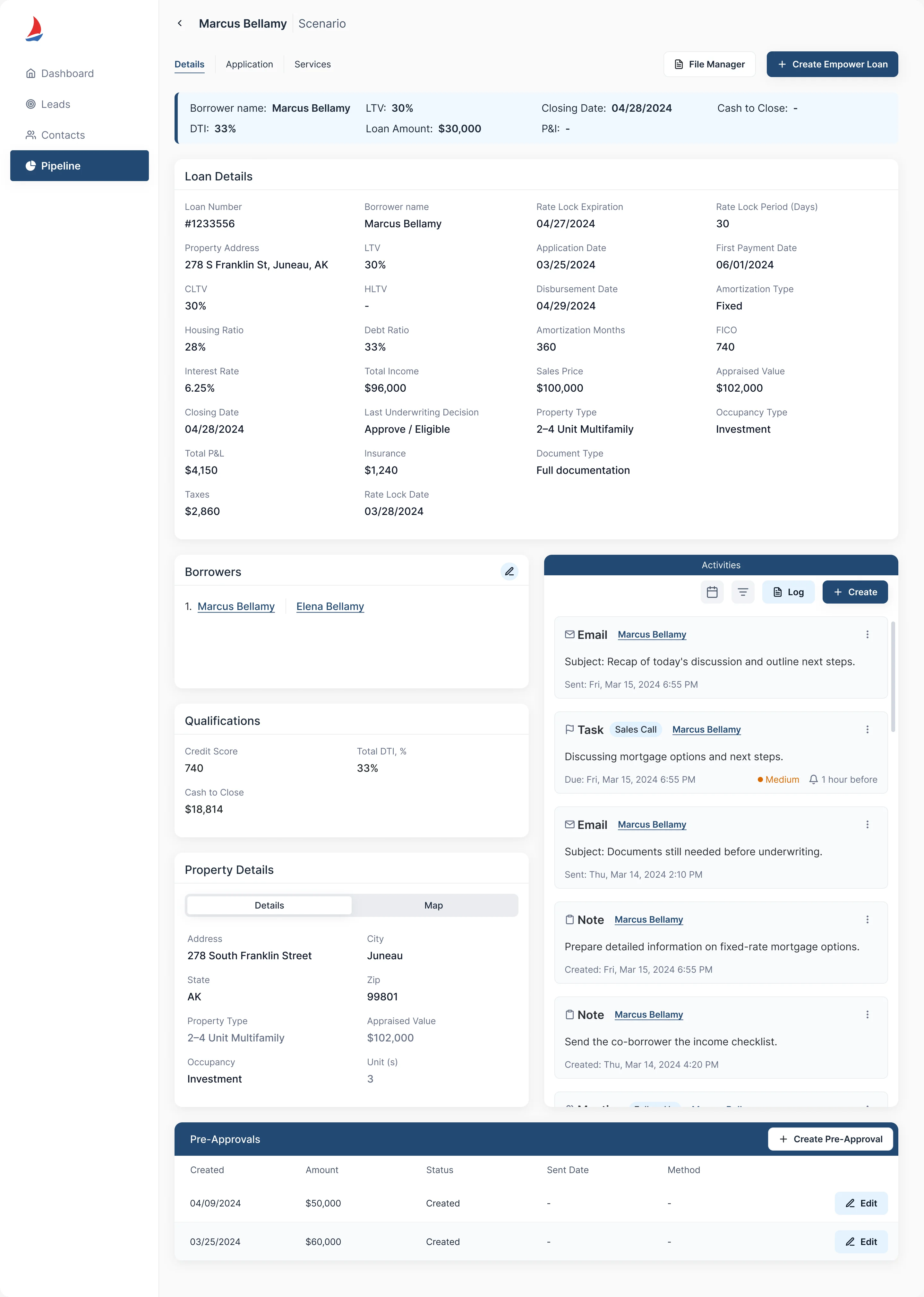 Sail loan details: a summary strip with borrower, LTV, DTI, loan amount and closing date, a Loan Details grid, borrowers, qualifications, property details, an activity feed and pre-approvals