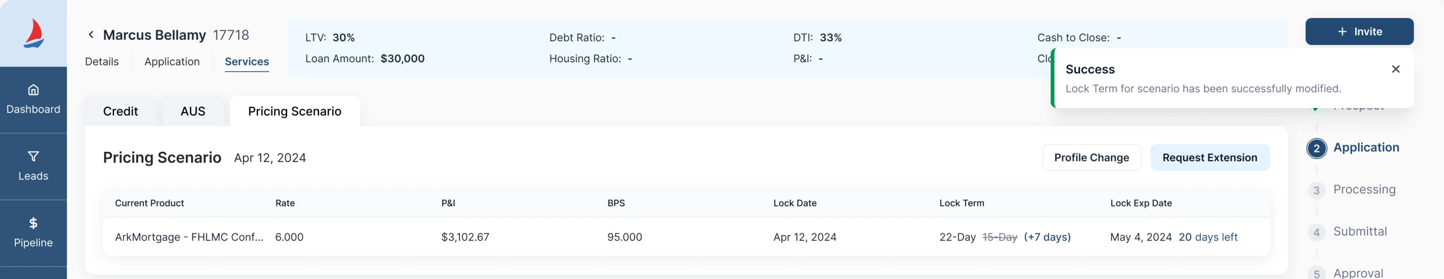 Sail locked scenario after Request Extension: the lock term reads 22-Day with 15-Day struck through and plus seven days, a new lock expiry date with 20 days left, and a Success notice that the lock term was modified