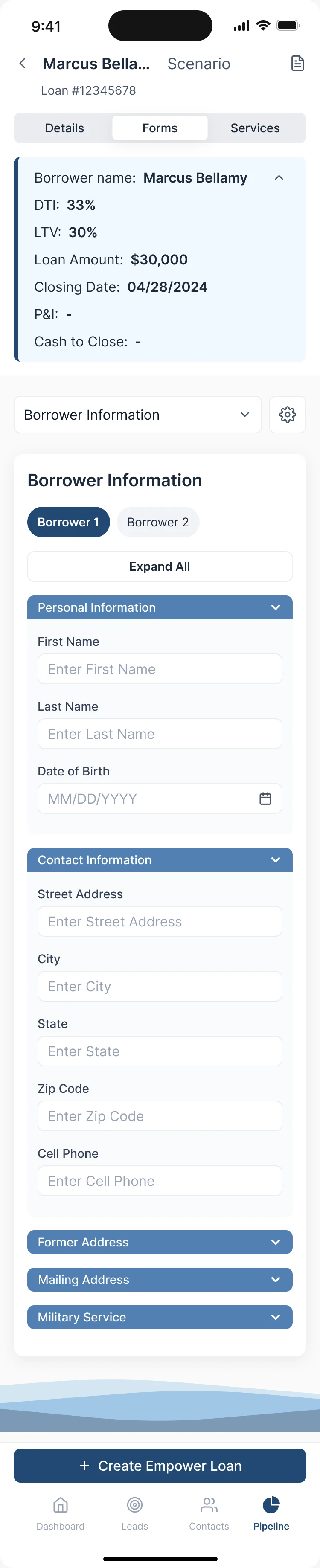 Sail loan application on a phone: a loan summary card, a section picker, Borrower 1 and Borrower 2 tabs, Expand All, and Personal Information and Contact Information sections