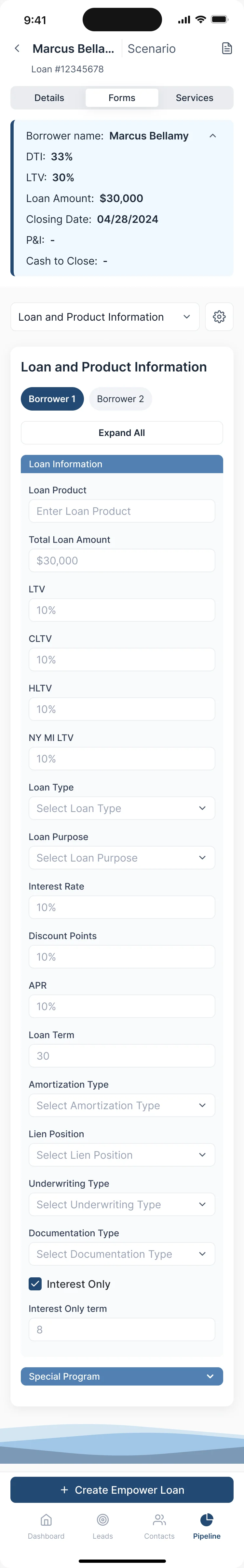 Sail loan and product information on a phone: loan product, total loan amount, LTV, loan type, loan purpose, interest rate, loan term and an Interest Only toggle