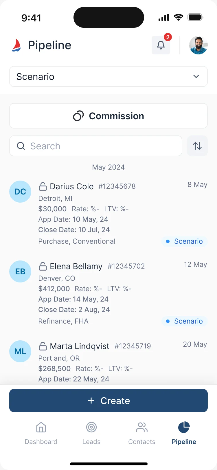 Sail pipeline on a phone with a tab bar: Dashboard, Leads, Contacts and Pipeline, above a Create button