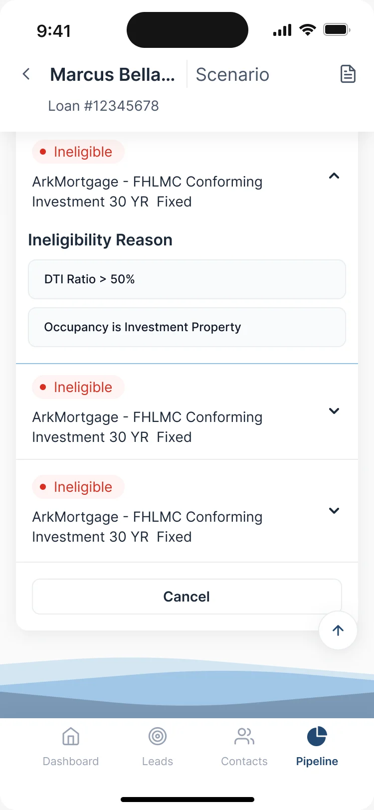 Sail product results on a phone: ineligible products as rows, one open on the reasons DTI ratio is above 50 percent and occupancy is investment property, and a Cancel button