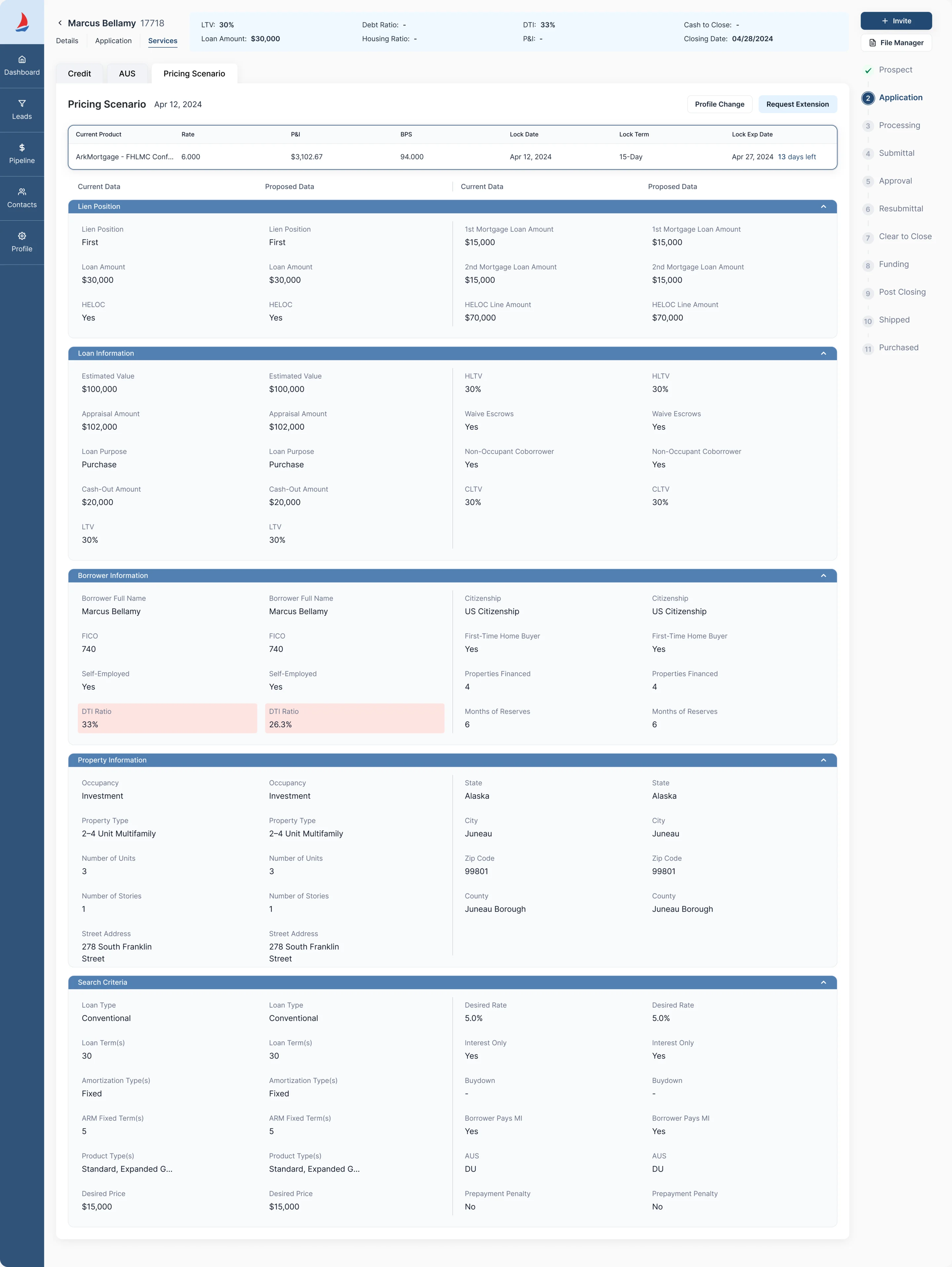 Sail locked scenario with a current product row and two columns of current and proposed data, lien, loan, borrower, property and search sections, and the DTI ratio marked in red