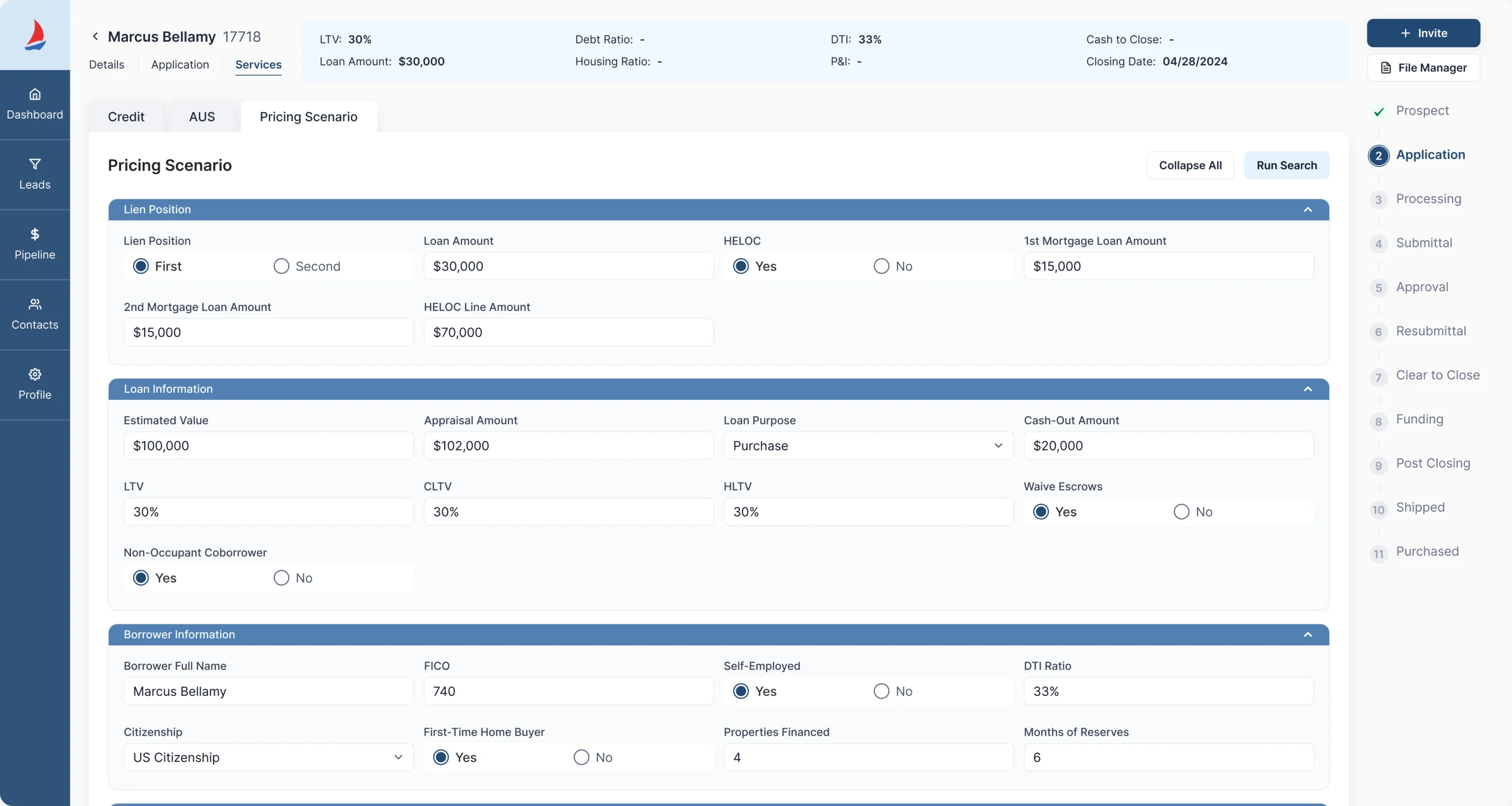 Sail pricing scenario form with sections for lien position, loan information and borrower information, a Run Search button and the loan stages on the right