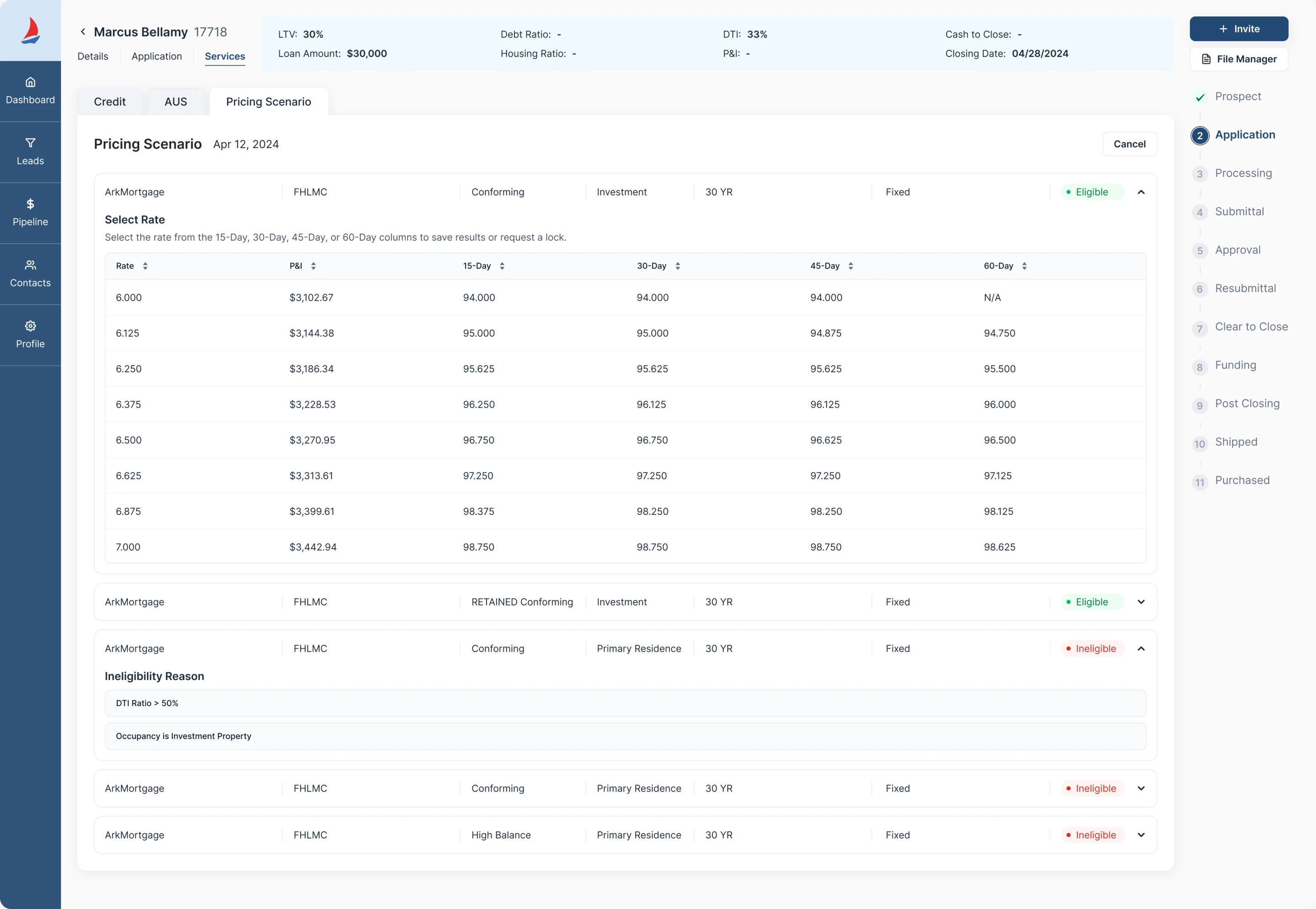 Sail product results on the desktop: an eligible conforming product open on a rate grid with 15, 30, 45 and 60 day columns, and an ineligible one showing its reasons
