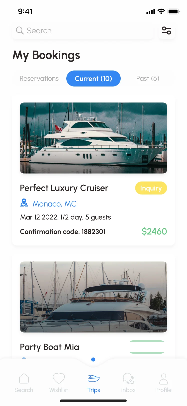 Sailo iOS My Bookings, current tab: Perfect Luxury Cruiser marked Inquiry with its date, guests, confirmation code and $2460, and Party Boat Mia below with its own status