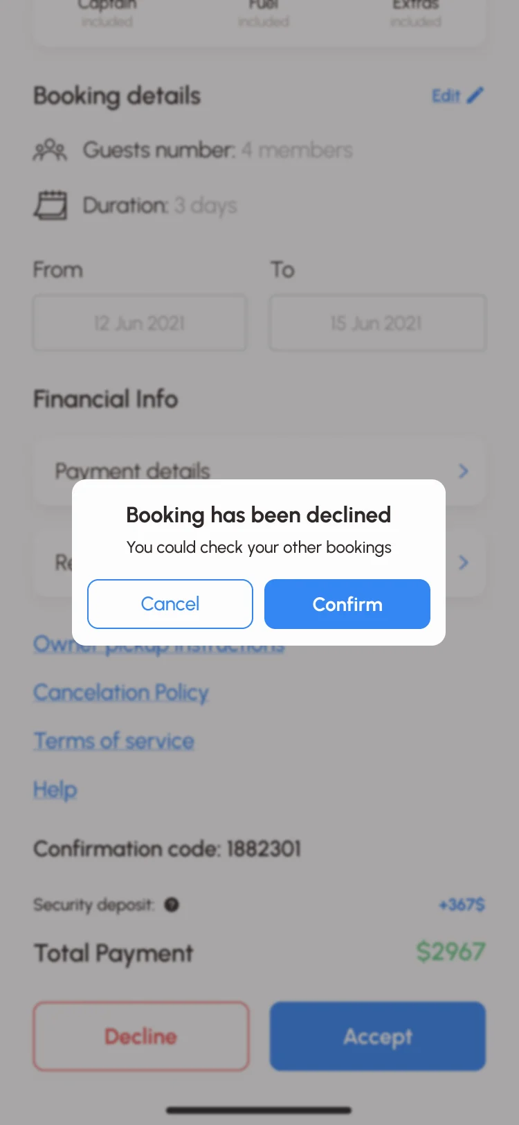 Sailo iOS booking details for the owner with Decline and Accept, and a dialog saying the booking has been declined with Cancel and Confirm
