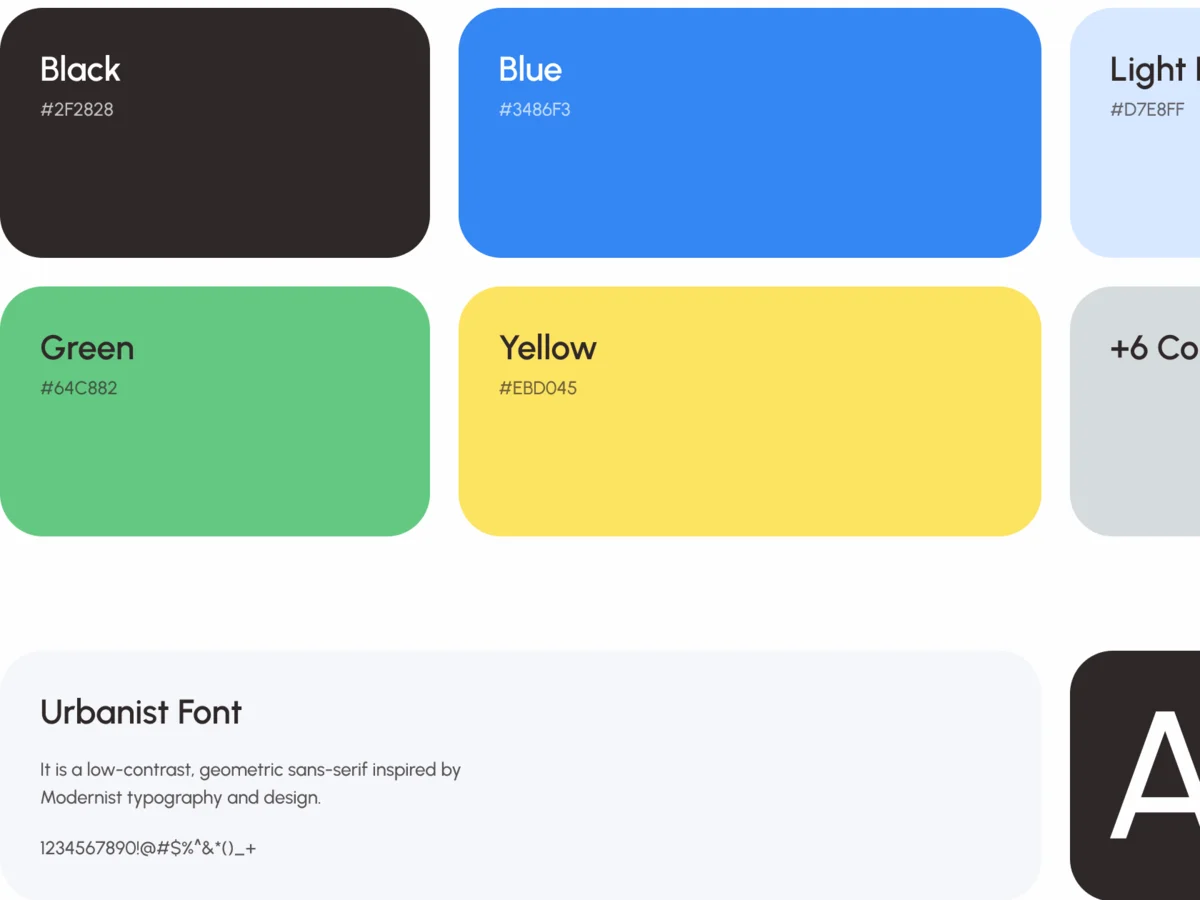Sailo style guide: the colour palette of black, blue, light blue, green and yellow with their hex values, and the Urbanist typeface