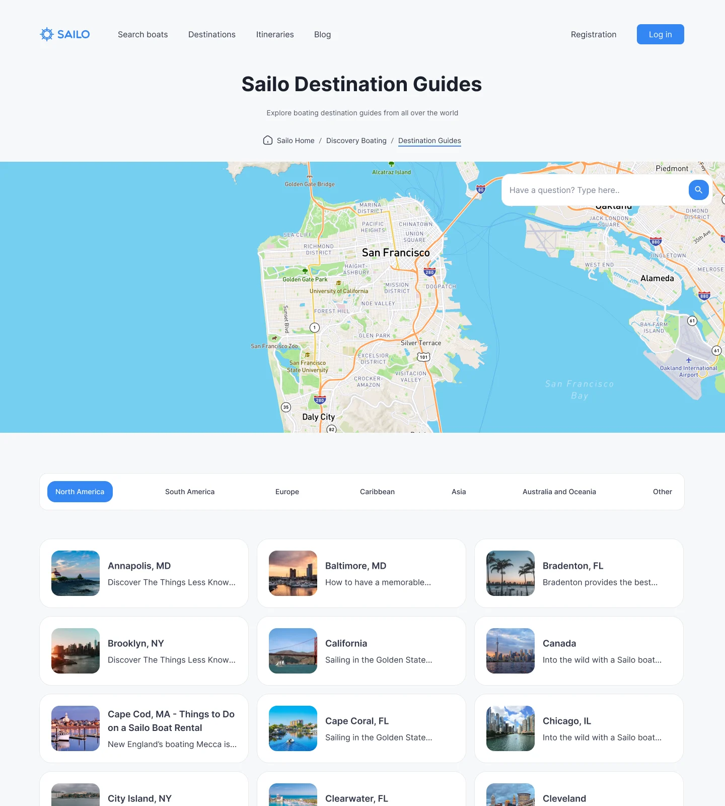 Sailo Destination Guides page: a map, a question search, region tabs from North America to Oceania and guides such as Annapolis, Baltimore, Brooklyn, California and Canada