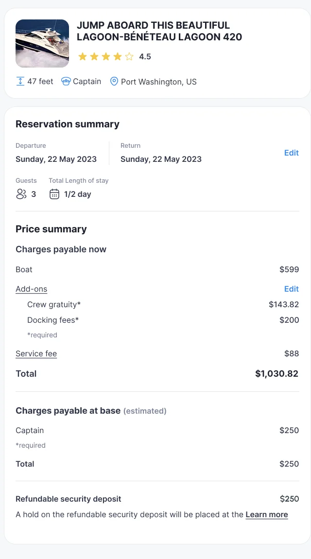 Sailo web reservation summary for a Lagoon 420: departure and return, 3 guests, half a day; charges payable now with the boat, crew gratuity, docking fees and service fee totalling $1,030.82; the captain payable at the base; and a $250 refundable deposit