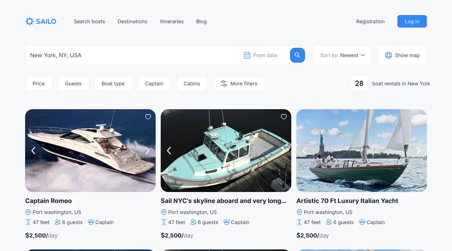 Sailo web search for New York: filters for price, guests, boat type, captain and cabins, 28 boat rentals, and boats such as Captain Romeo at $2,500 a day with length, guests and captain