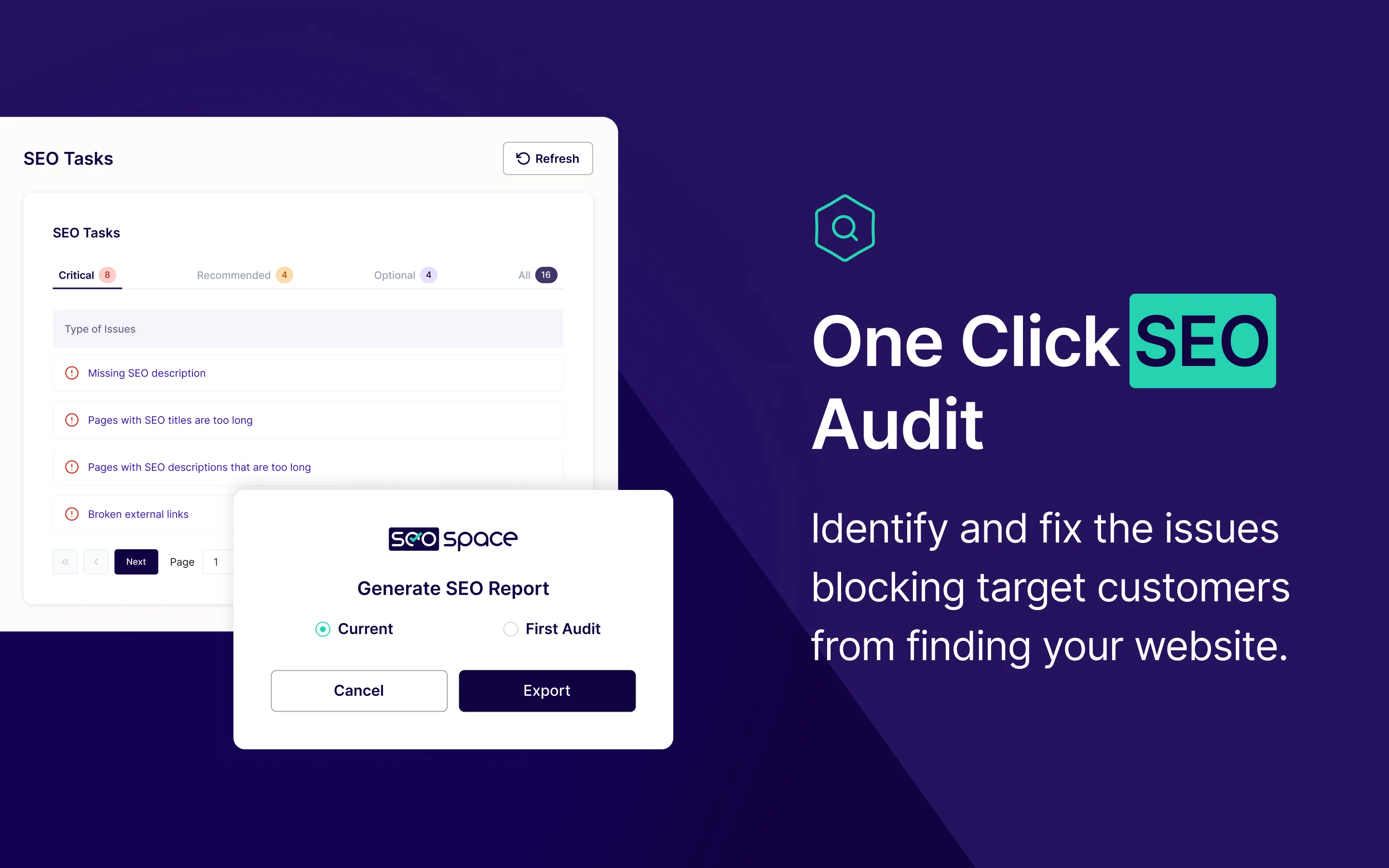 SEOSpace extension store image: SEO tasks by priority with critical issues listed, and a Generate SEO Report dialog to export the current state or the first audit