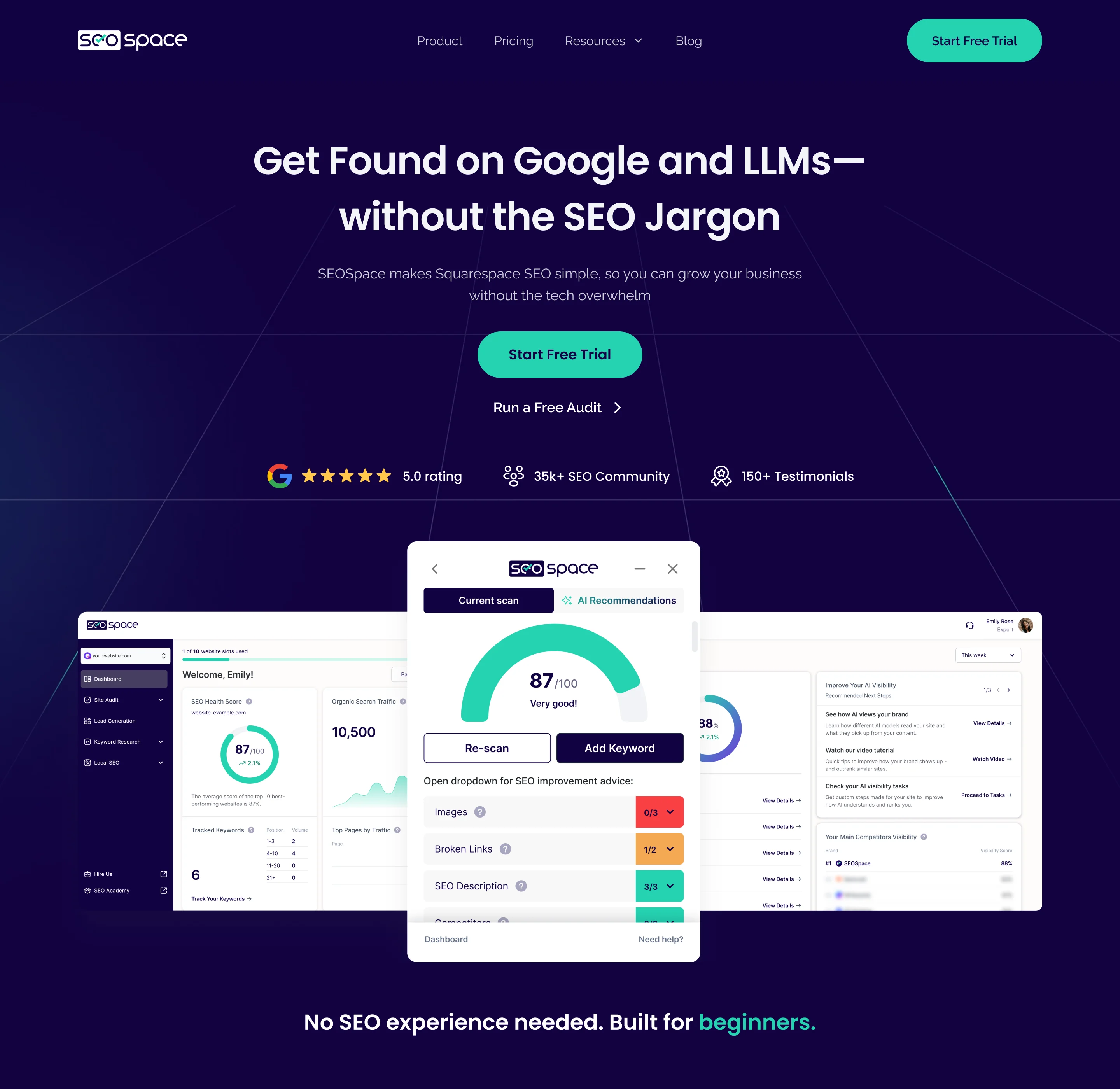 SEOSpace landing page for business owners: Get Found on Google and LLMs without the SEO jargon, a free trial and free audit, ratings, and the extension panel over the dashboard