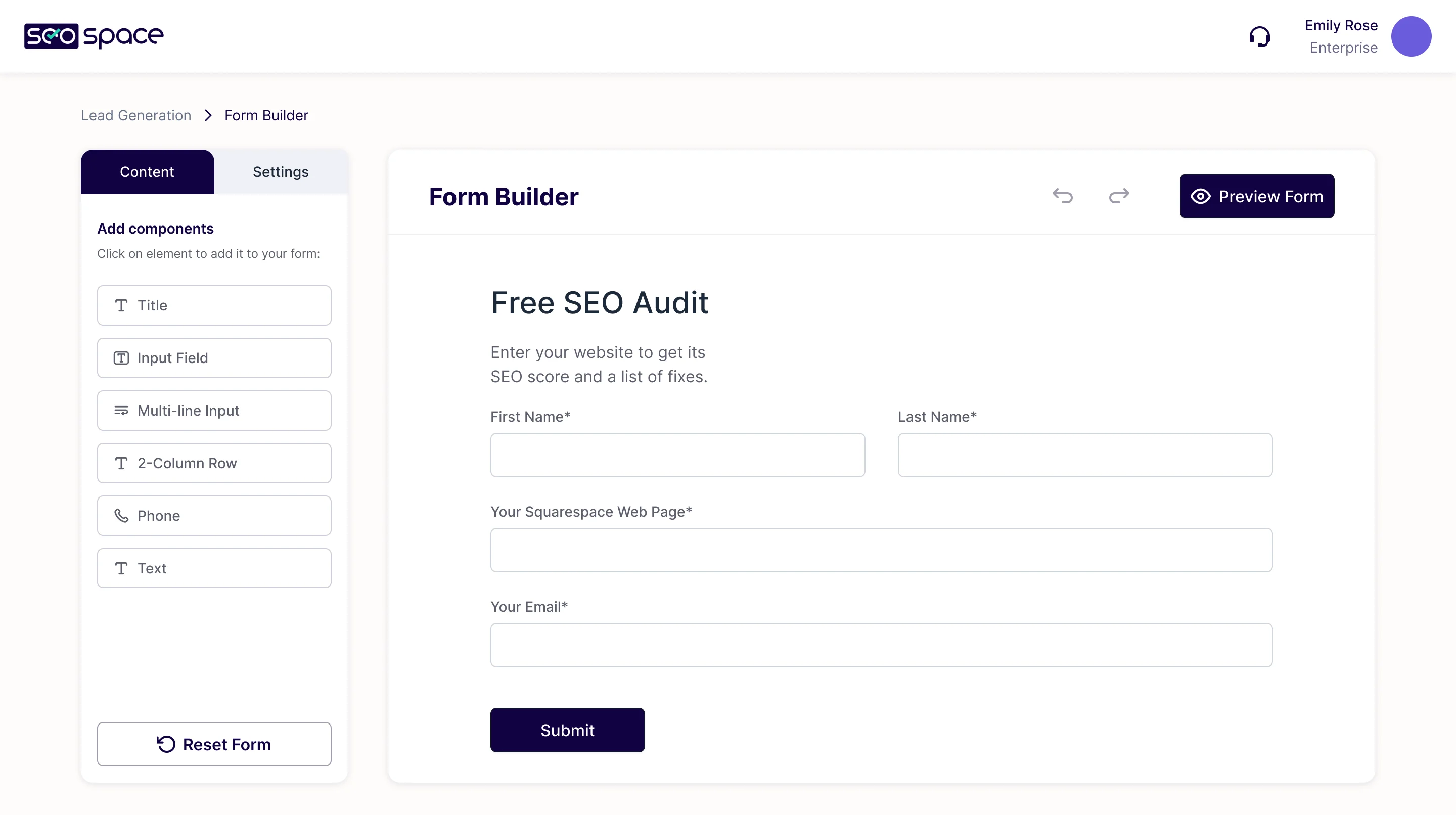 Lead Generation form builder: components to add on the left, and a Free SEO Audit form with name, website and email fields and a submit button