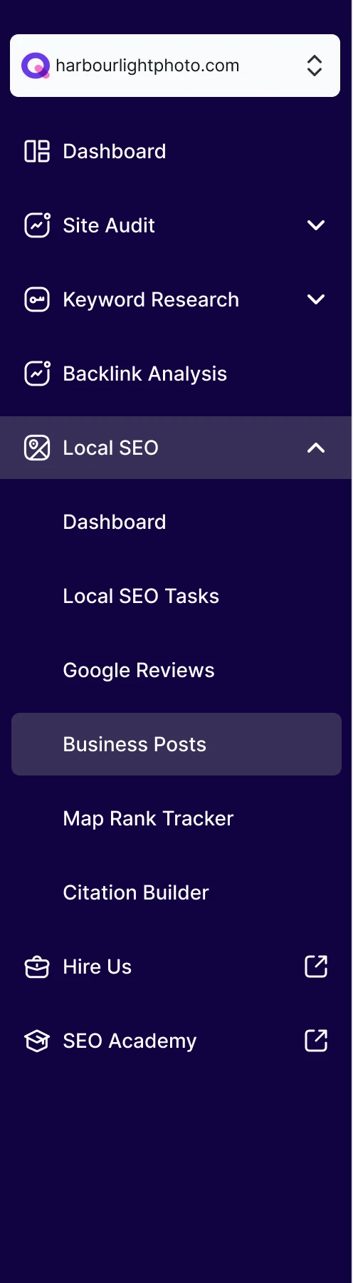 SEOSpace sidebar: website switcher, Dashboard, Site Audit, Keyword Research, Backlink Analysis and Local SEO opened to its six pages, then Hire Us and SEO Academy