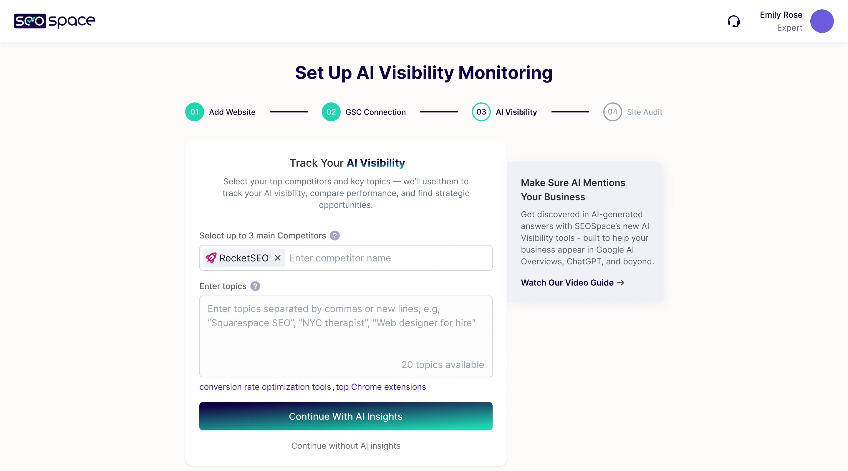 Set Up AI Visibility Monitoring, step three of four: pick up to three competitors and enter topics, then continue with or without AI insights
