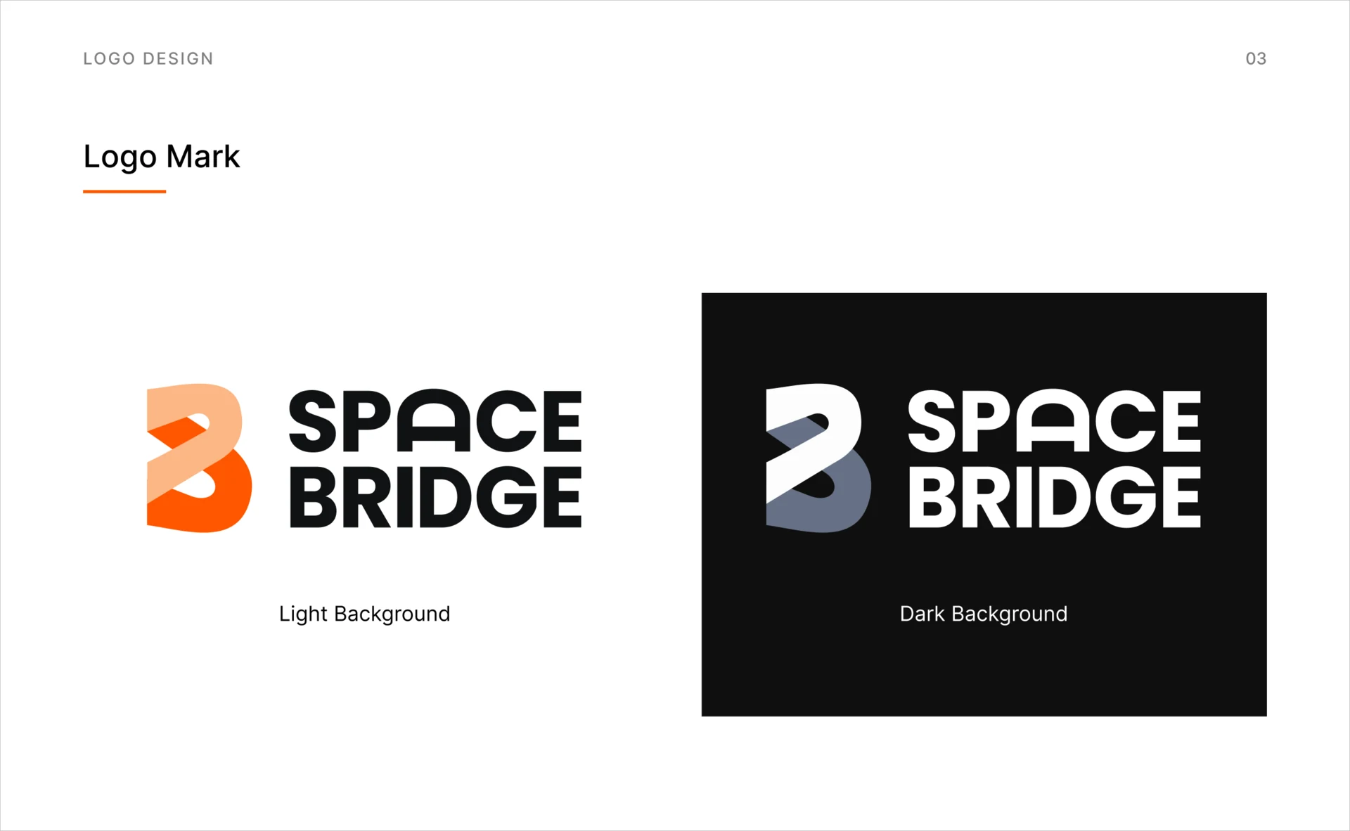 Logo page: the orange B mark beside the SPACE BRIDGE wordmark on white, and the same lockup on black