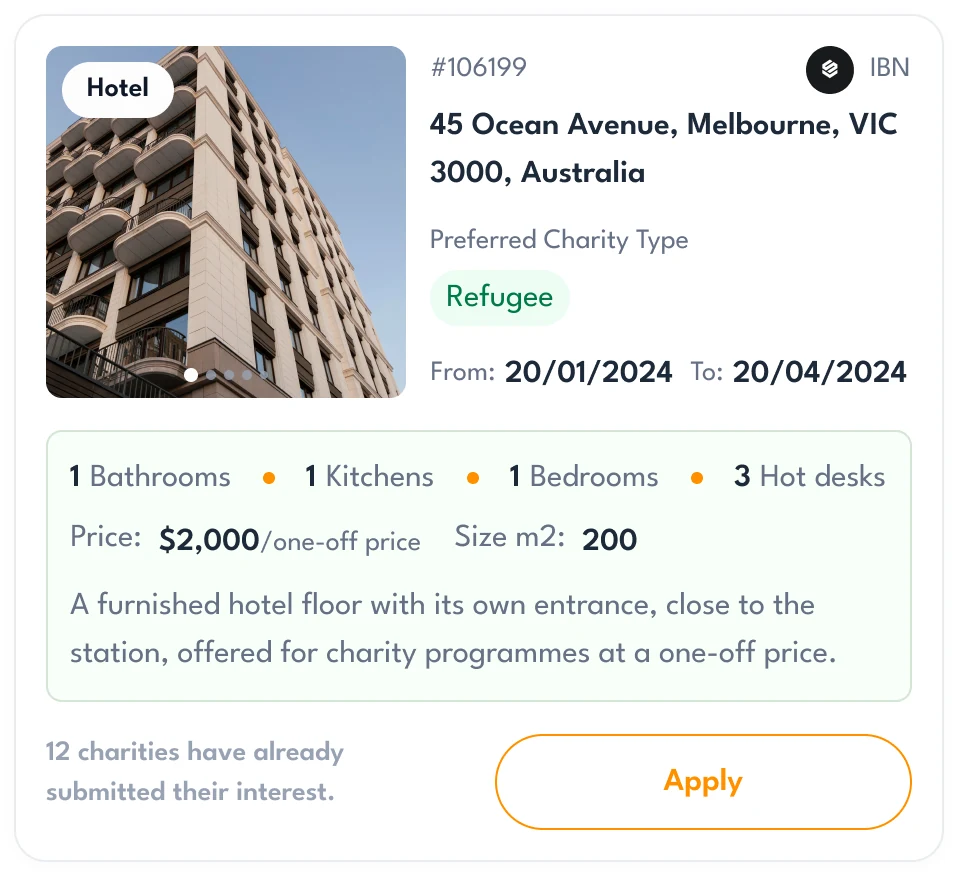 Property card as a charity sees it: hotel photo, listing number, Melbourne address, preferred charity type, dates, rooms, a one-off price, size, a short description, how many charities applied and Apply