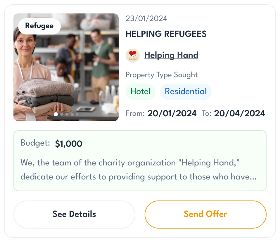 A charity’s request as owners see it: Helping Refugees by Helping Hand, hotel or residential space sought, dates, a $1,000 budget, See Details and Send Offer
