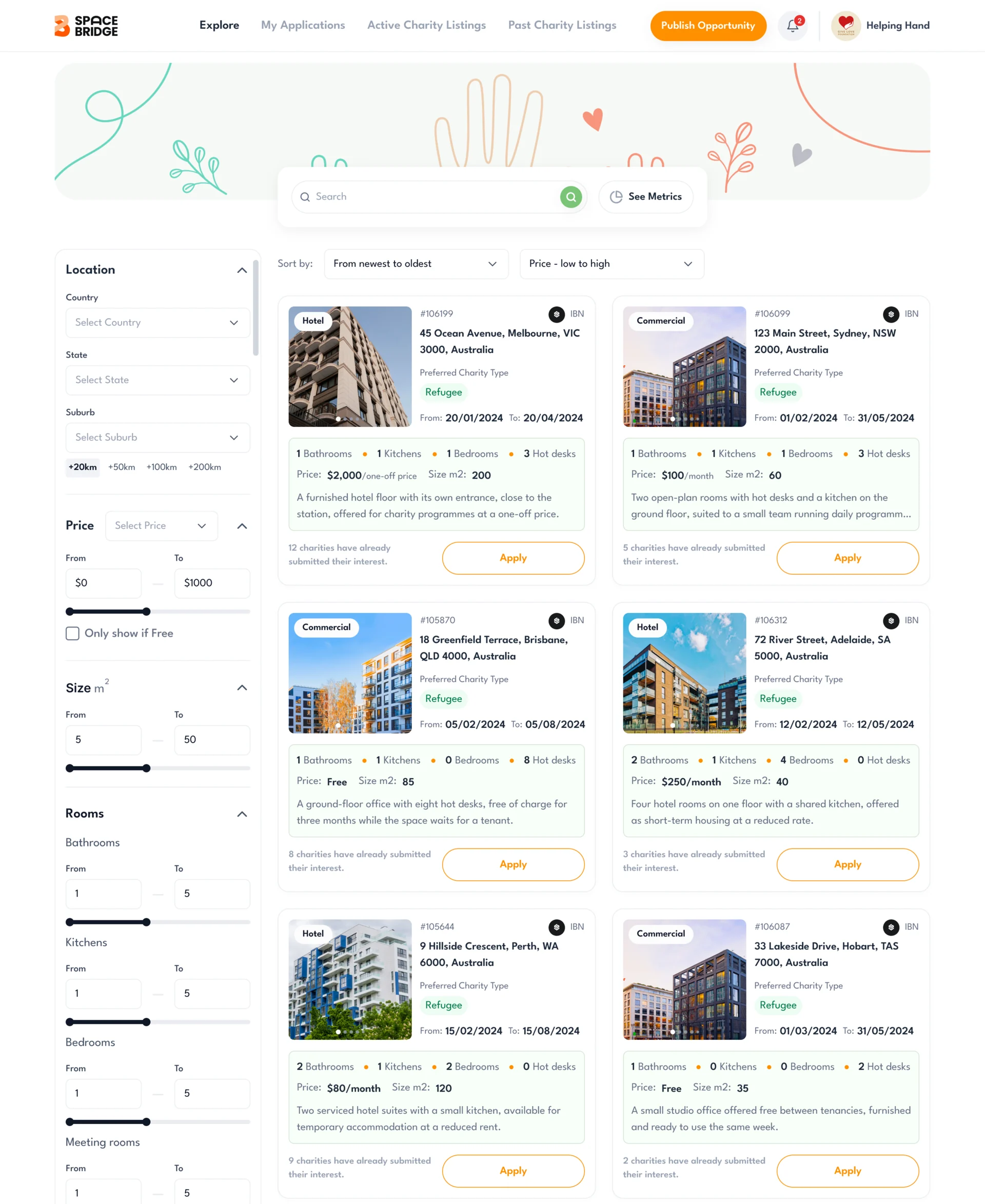 SpaceBridge Explore page: location, price, size and room filters beside six property cards, each with its type, listing number, address, preferred charity type, dates, rooms, price, size, a short description, how many charities applied and Apply