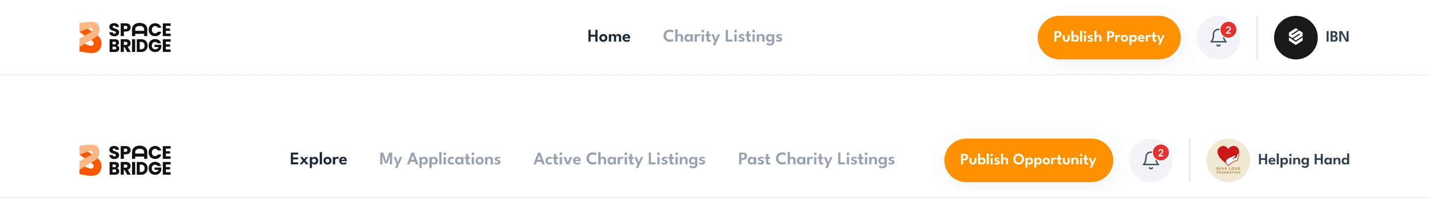 Two SpaceBridge headers: the property owner’s Home and Charity Listings with Publish Property, and the charity’s Explore, My Applications, Active Charity Listings and Past Charity Listings with Publish Opportunity