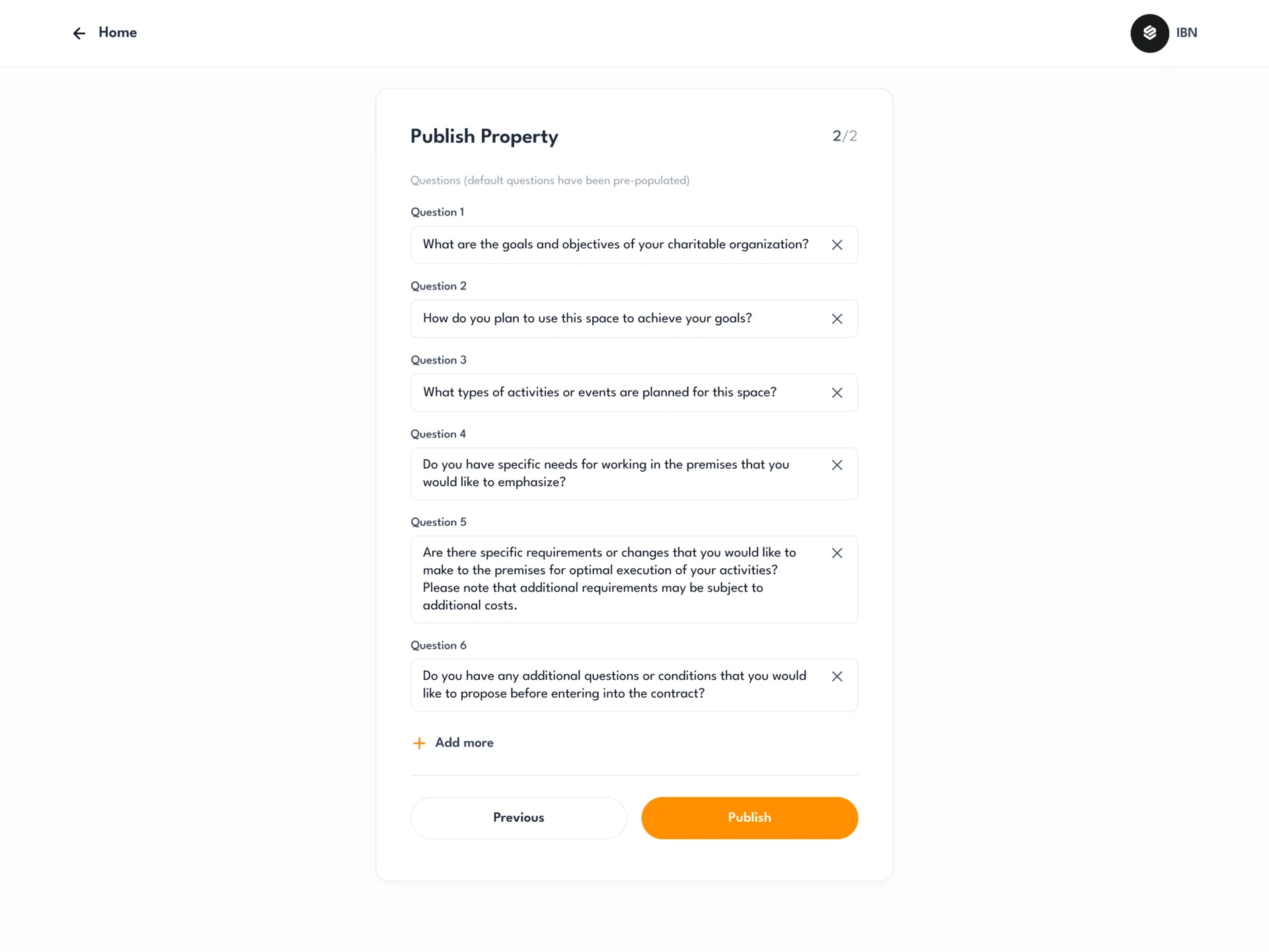 Publish Property, step 2 of 2: six pre-populated questions about the charity’s goals, planned use, activities, needs and conditions, each removable, with Add more, Previous and Publish