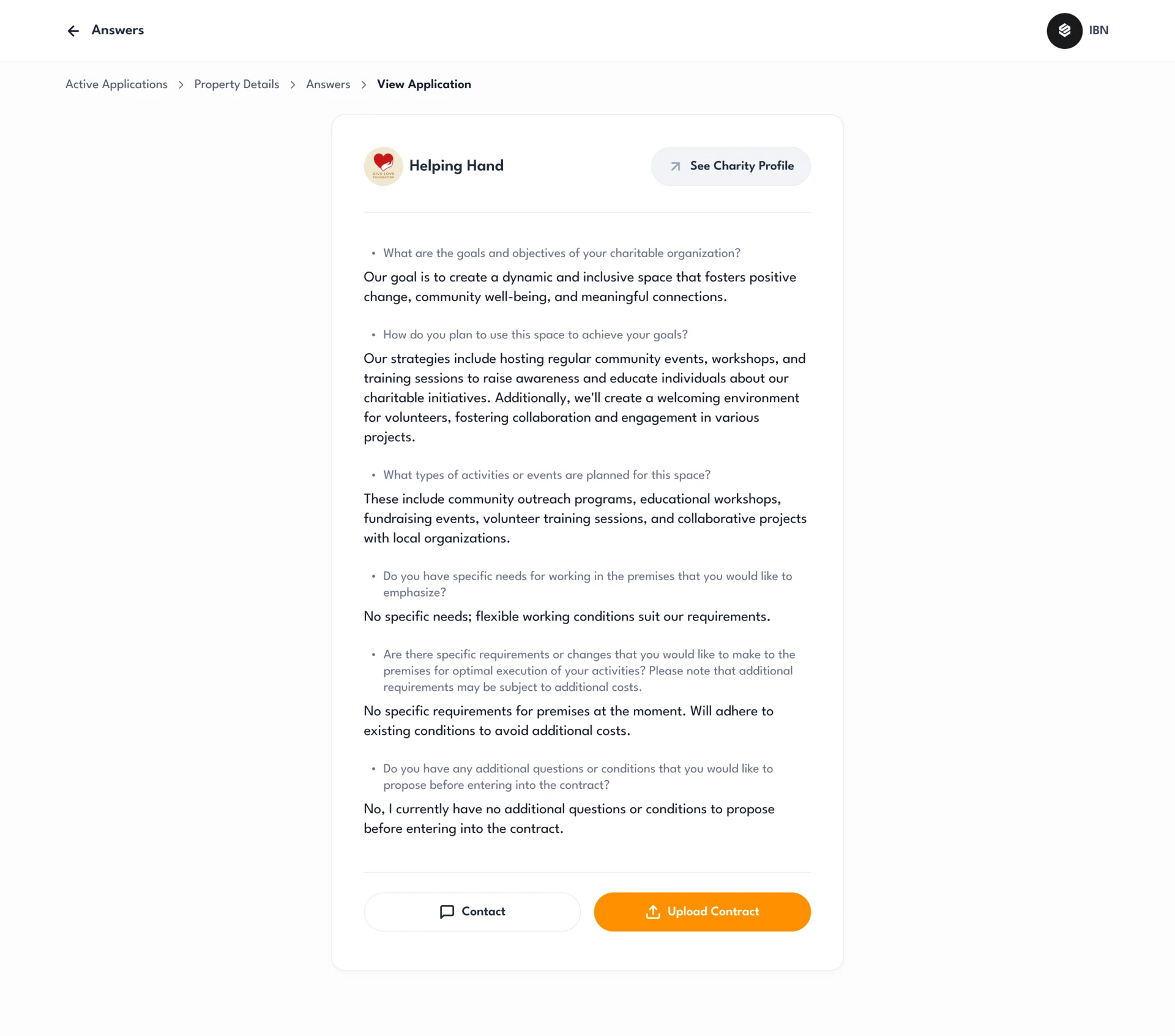 View Application: the charity Helping Hand with See Charity Profile, its answers to the owner’s six questions, and Contact and Upload Contract buttons