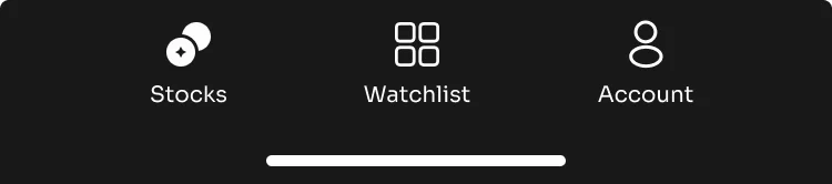 The Stokkr tab bar in dark mode: Stocks, Watchlist and Account