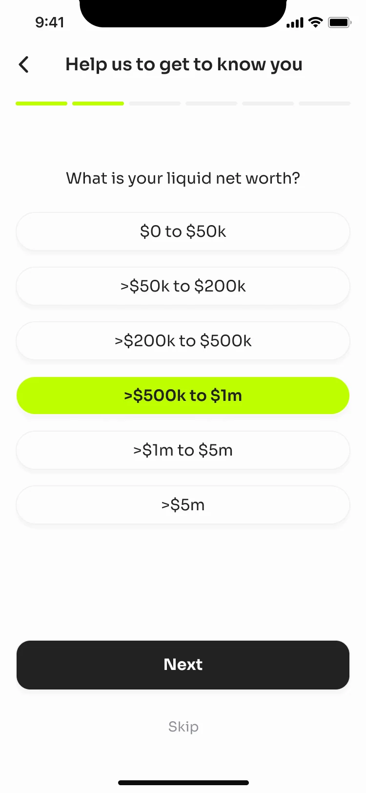Help us to get to know you: What is your liquid net worth? with six ranges from $0 to $50k up to more than $5m, one selected, Next and Skip