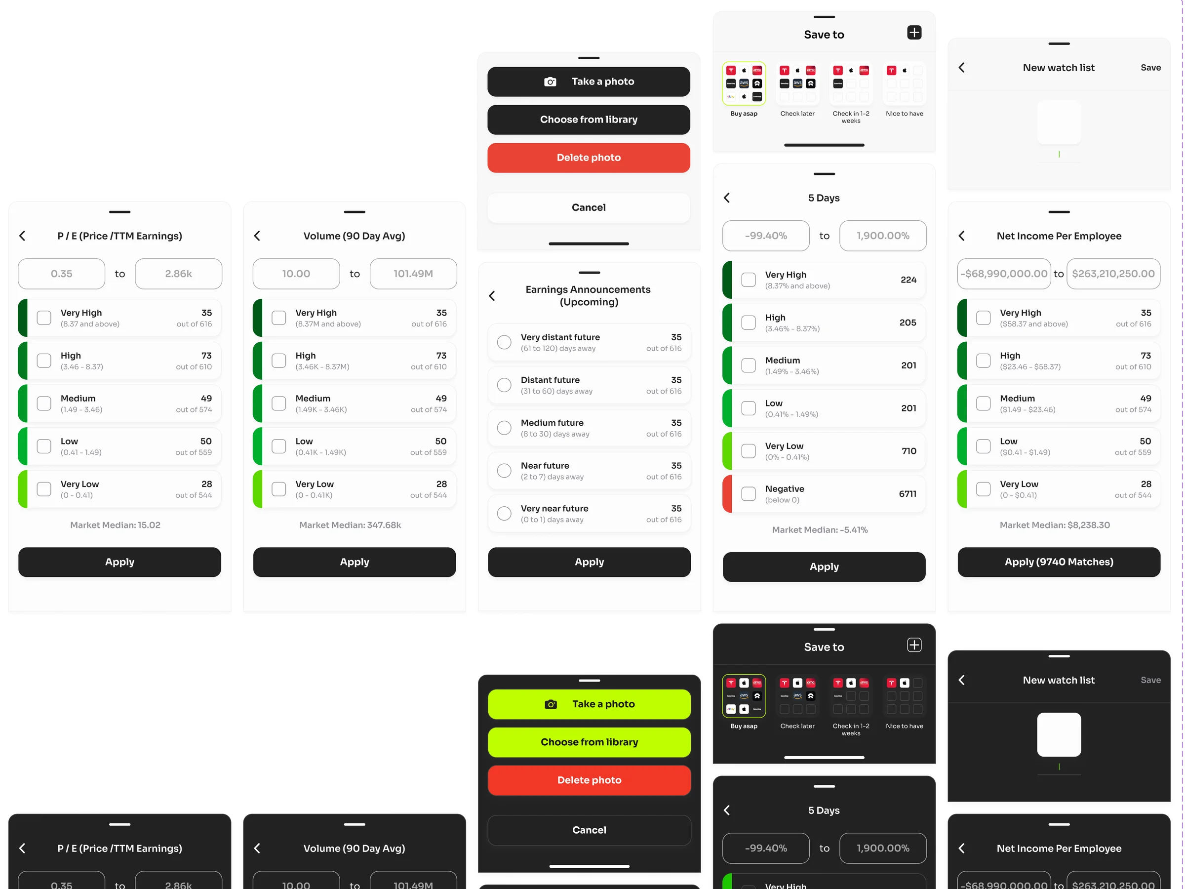 Part of the Stokkr UI kit: filter sheets for P/E, volume, earnings dates, 5-day change and net income per employee, and save-to-list sheets, in light and dark