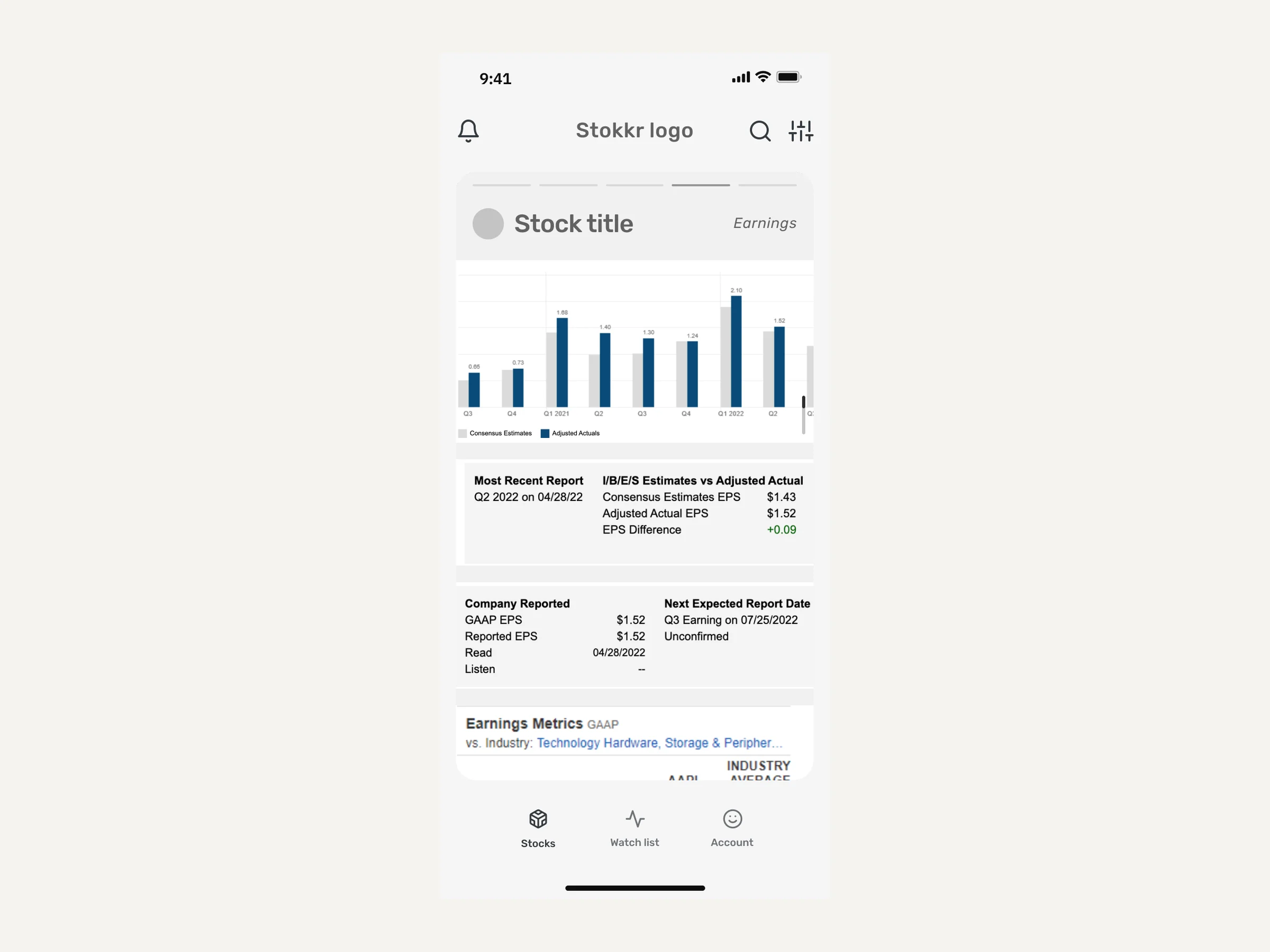 A grey wireframe of the earnings screen: a logo placeholder, a stock title, a bar chart and report tables