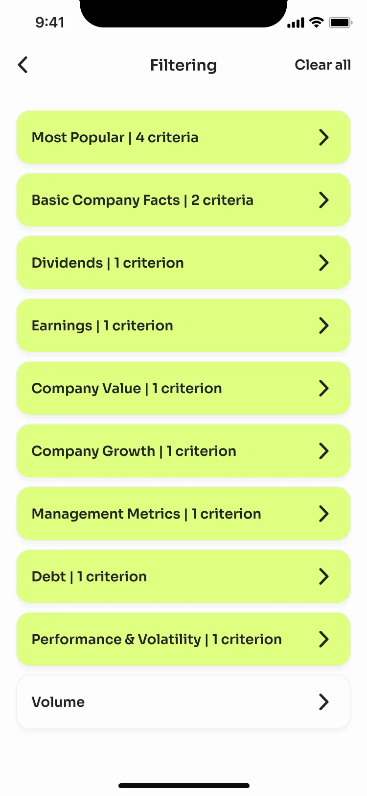 Filtering: Most Popular with 4 criteria, Basic Company Facts with 2, then Dividends, Earnings, Company Value, Company Growth, Management Metrics, Debt, Performance & Volatility and Volume, with Clear all