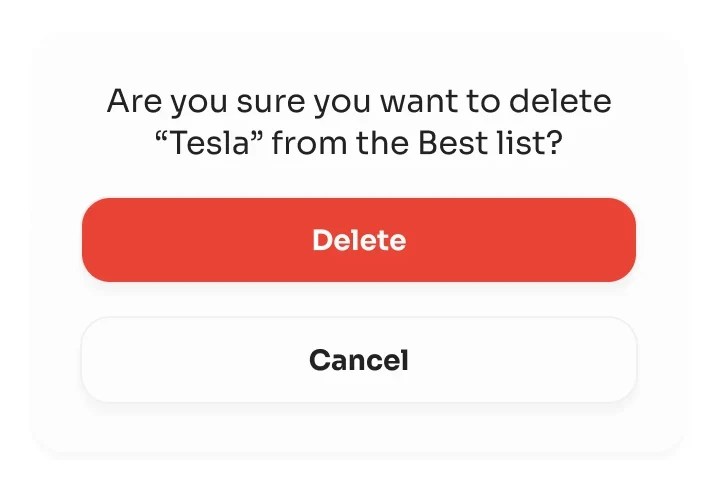 Confirmation dialog: delete “Tesla” from the Best list, with Delete and Cancel