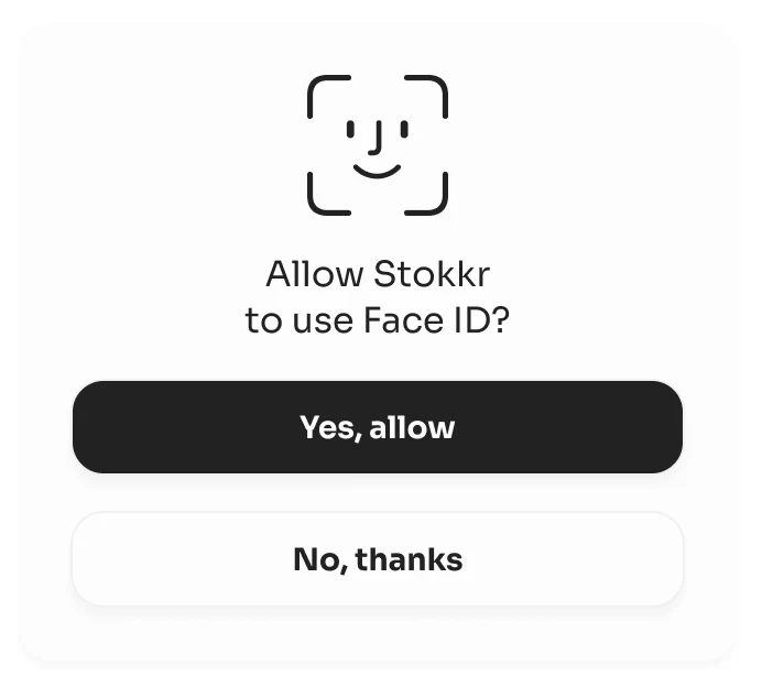 Allow Stokkr to use Face ID? with Yes, allow and No, thanks, light mode