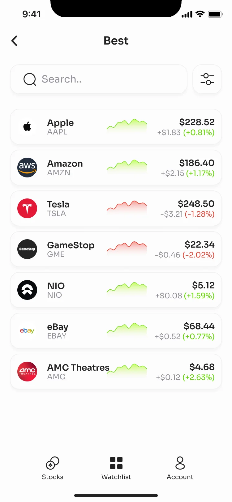 Watchlist Best: Apple, Amazon, Tesla, GameStop, NIO and others, each with a sparkline, its price and the day’s change