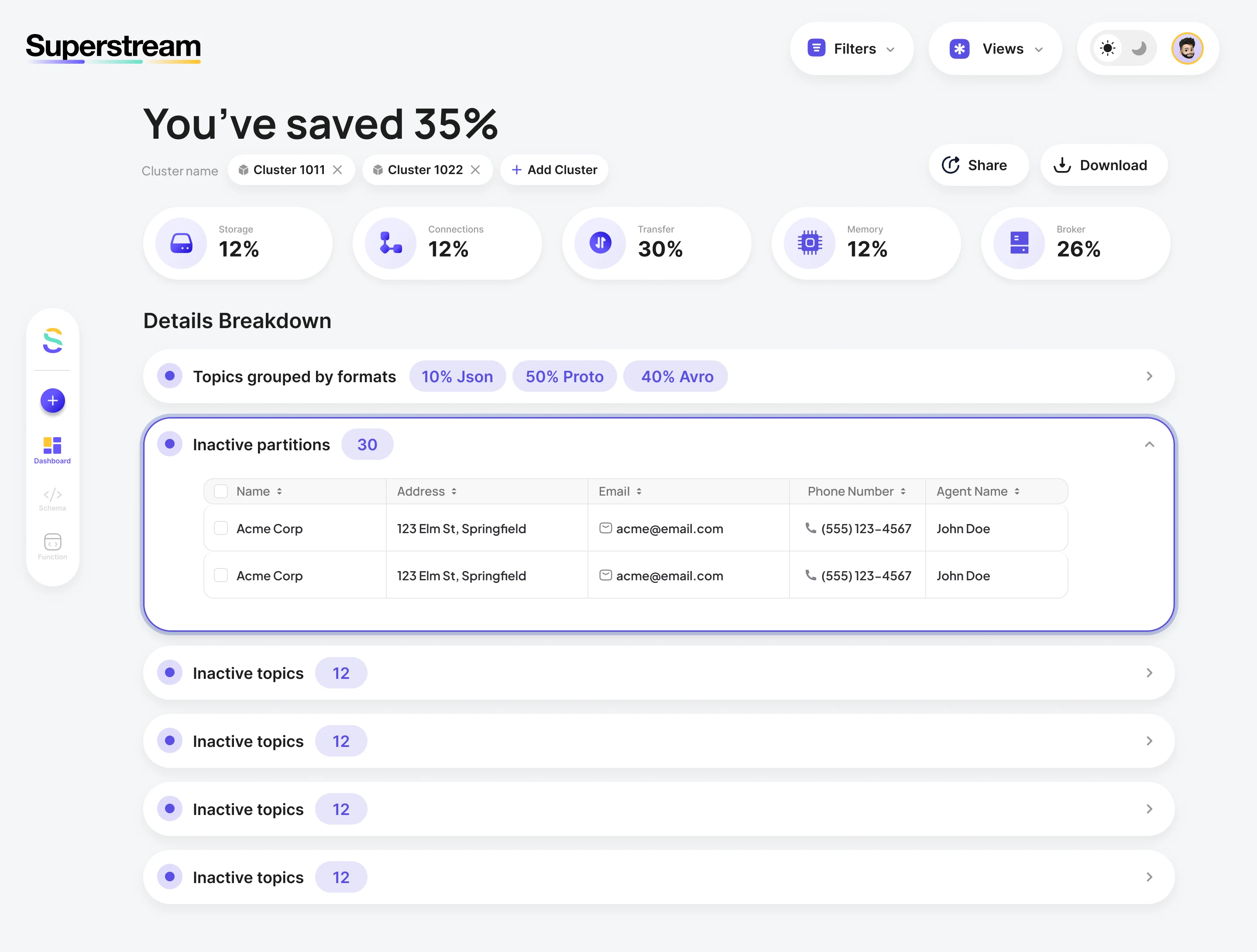Superstream before the redesign: a report page headed You’ve saved 35%, a row of percentage chips, and a details breakdown of collapsible rows with a placeholder table of names, addresses and phone numbers