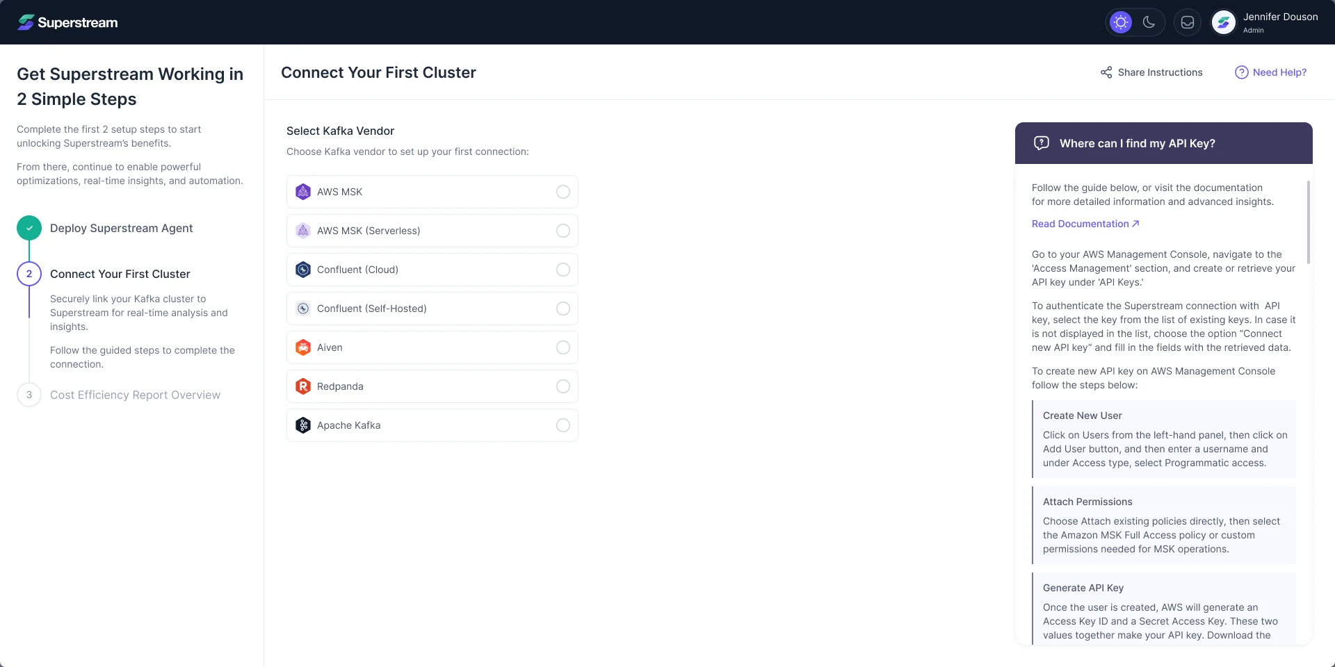 Superstream onboarding: Connect Your First Cluster, with seven Kafka vendors to choose from and a guide to finding the API key beside them