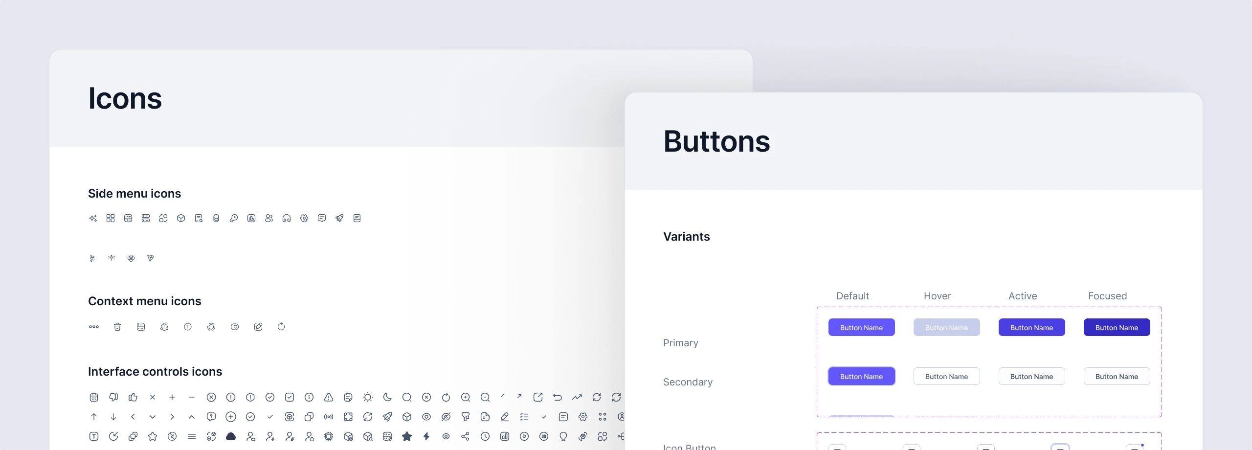 Superstream UI kit pages: the icon set and button variants with their default, hover, active and focused states
