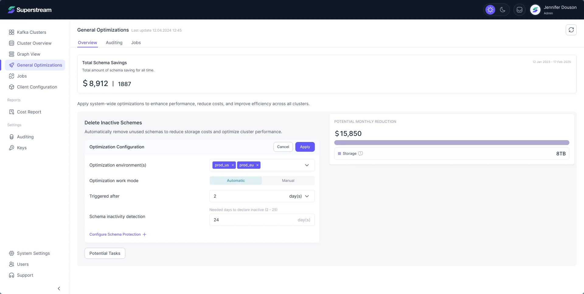 General Optimizations: Delete Inactive Schemes opened for configuration, with environments, automatic or manual mode, trigger delay and inactivity detection beside its $15,850 potential monthly reduction