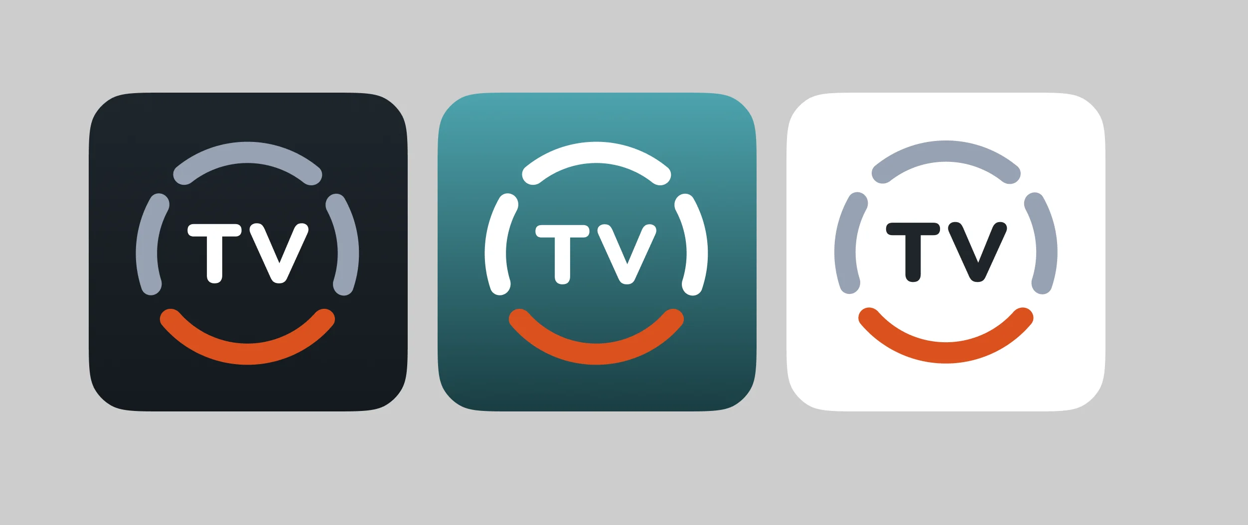 The TV24 app icon three ways: on dark grey, on teal and on white, the letters TV inside grey arcs above an orange smile