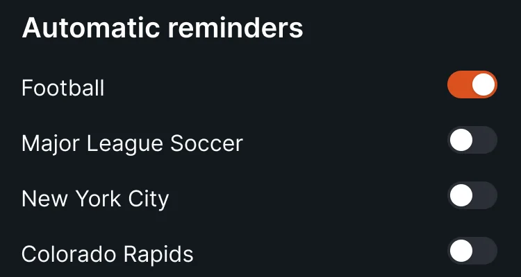 Automatic reminders on a match page: Football on; Major League Soccer, New York City and Colorado Rapids off
